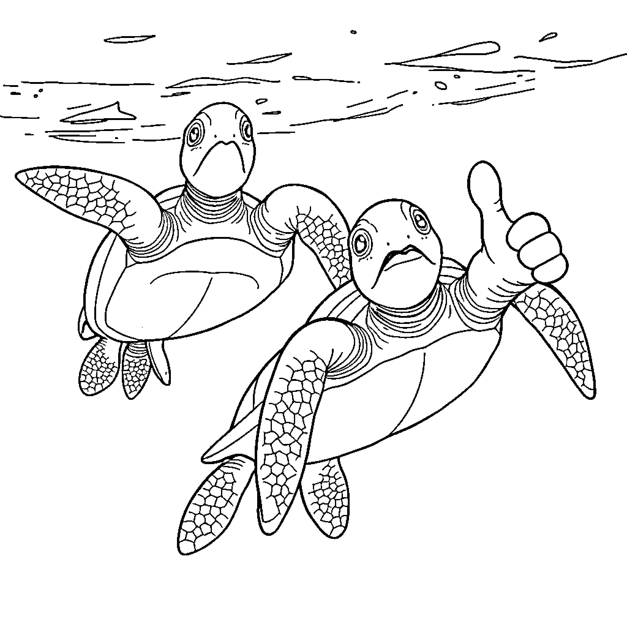 Sea Turtles Swimming with Gestures Coloring Page (free black-and-white line drawing printable PDF for all, from beginners to advanced learners, including children, teens, adults, and seniors)