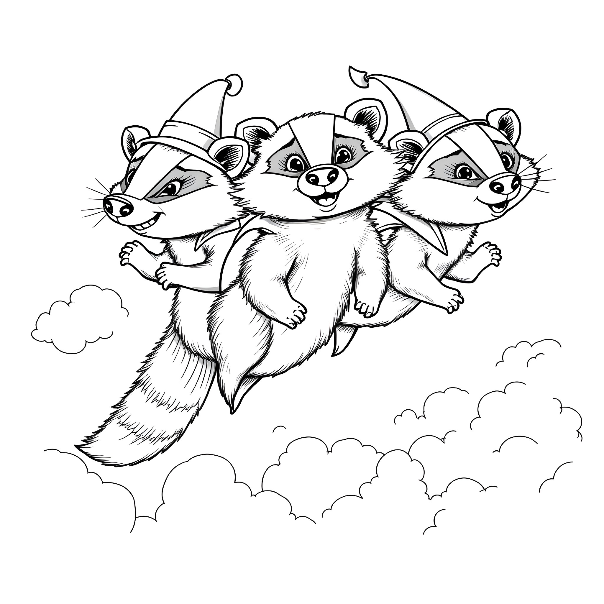 Badger trio playing joyfully in the clouds Coloring Page (free black-and-white line drawing printable PDF for all, from beginners to advanced learners, including children, teens, adults, and seniors)
