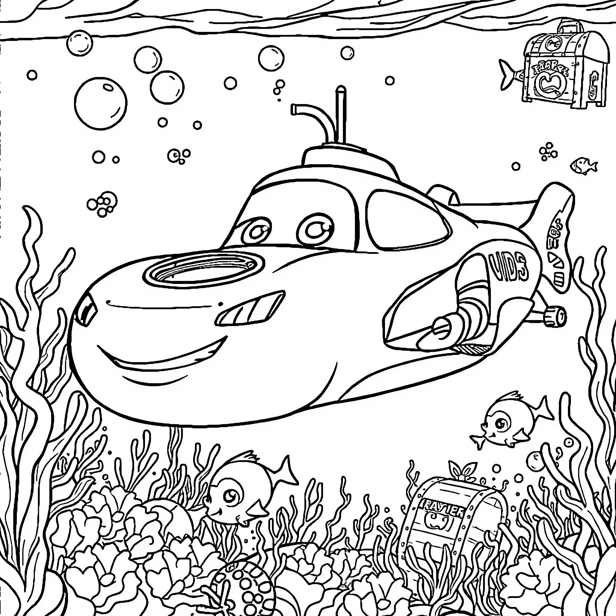 Submarine exploring the underwater world Coloring Page (free black-and-white line drawing printable PDF for all, from beginners to advanced learners, including children, teens, adults, and seniors)