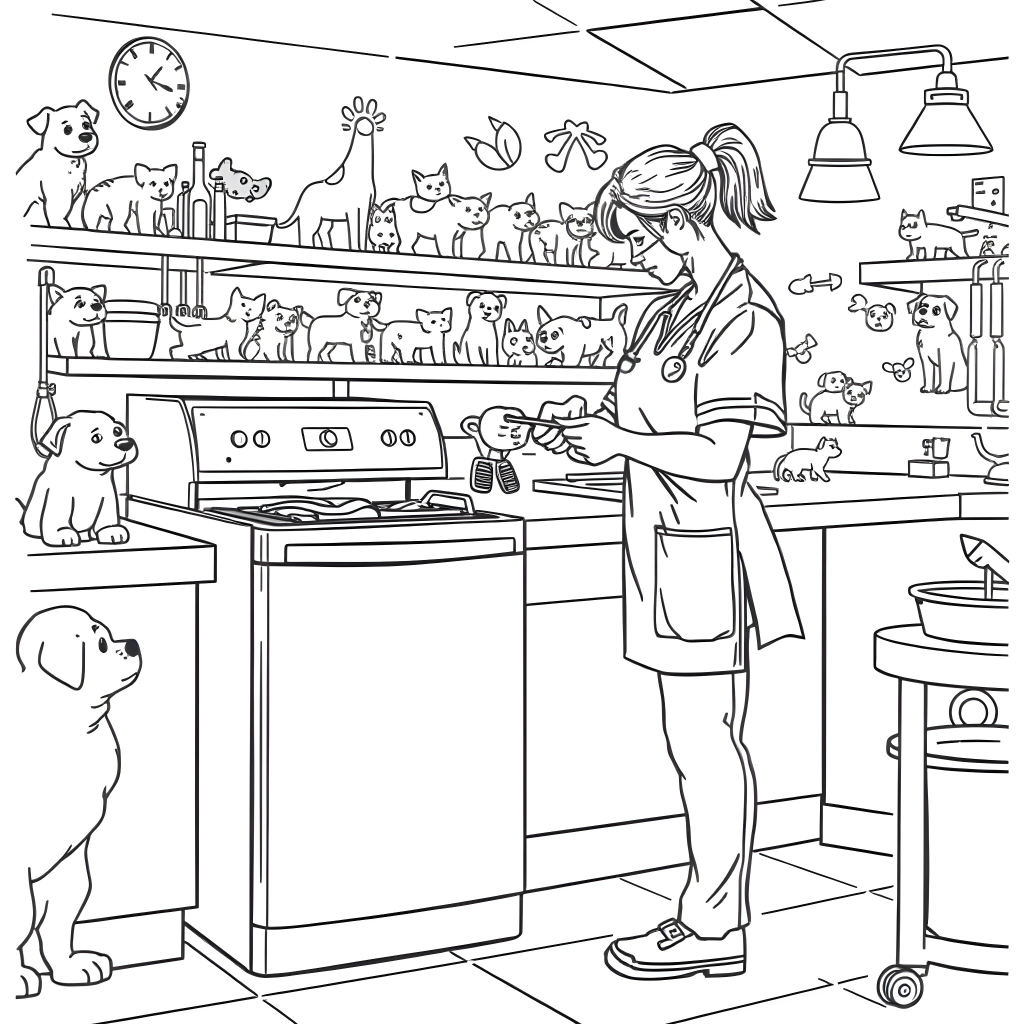 Veterinary Nurse Caring for Pets in the Clinic Coloring Page (free black-and-white line drawing printable PDF for all, from beginners to advanced learners, including children, teens, adults, and seniors)