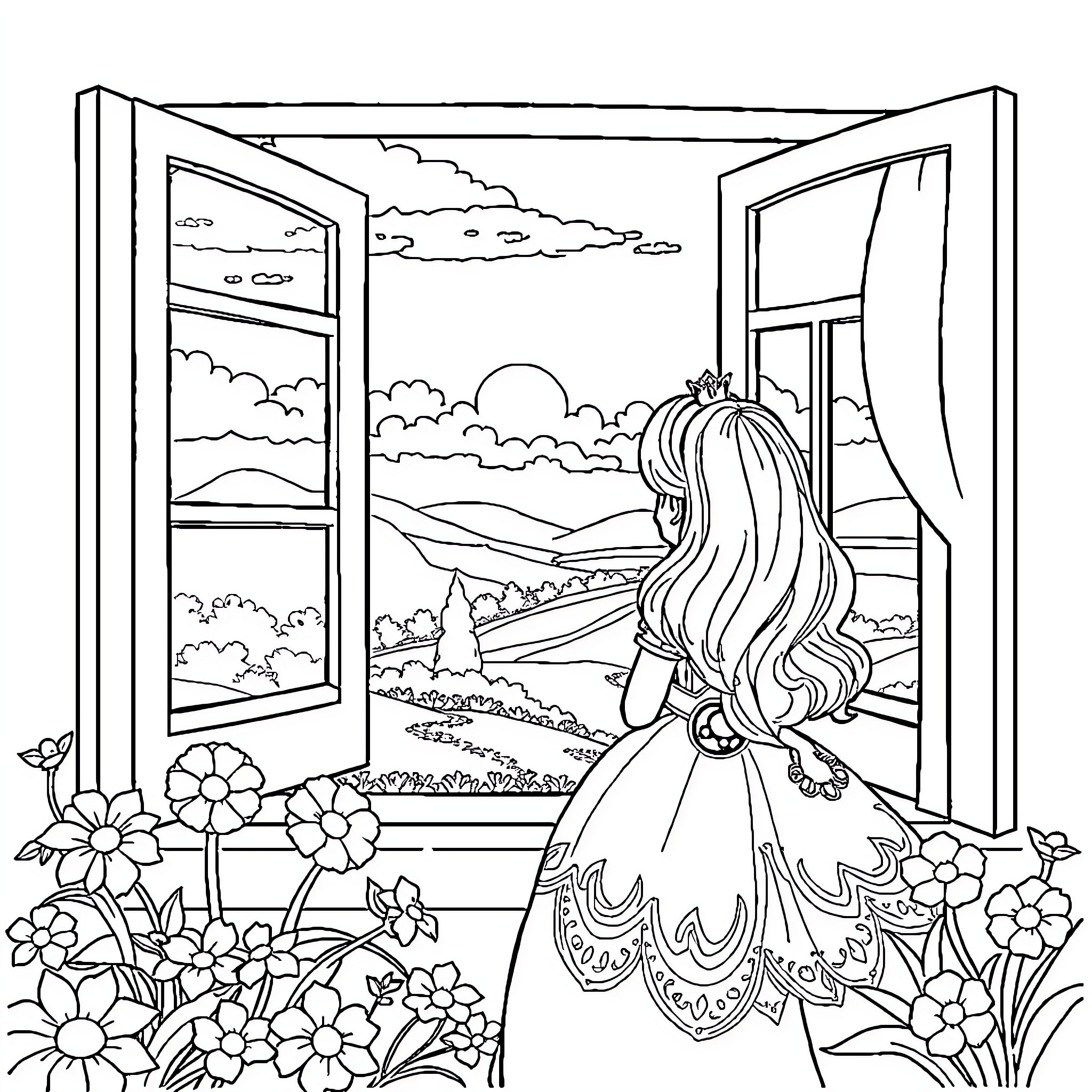 Princess admiring the sunset from her garden Coloring Page (free black-and-white line drawing printable PDF for all, from beginners to advanced learners, including children, teens, adults, and seniors)