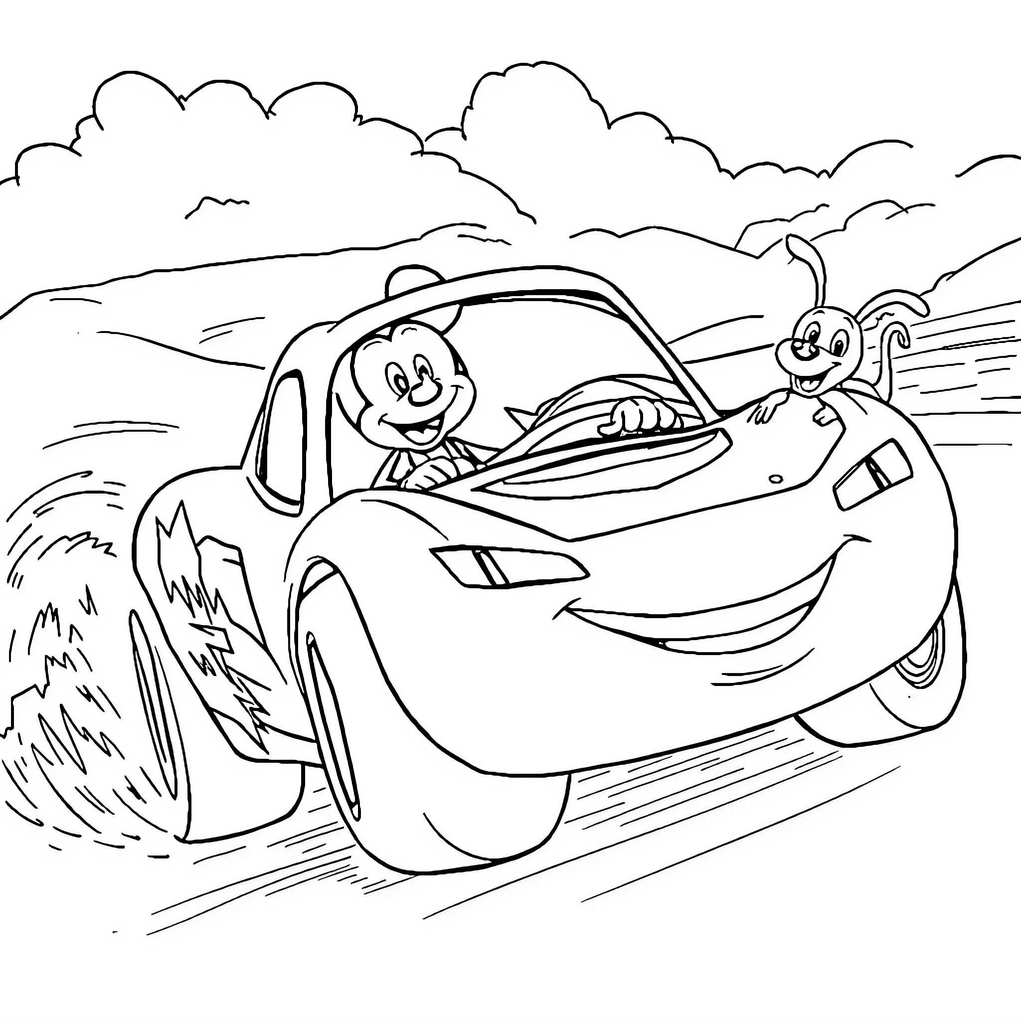Car with Happy Cartoon Characters on a Road Trip Coloring Page (free black-and-white line drawing printable PDF for all, from beginners to advanced learners, including children, teens, adults, and seniors)