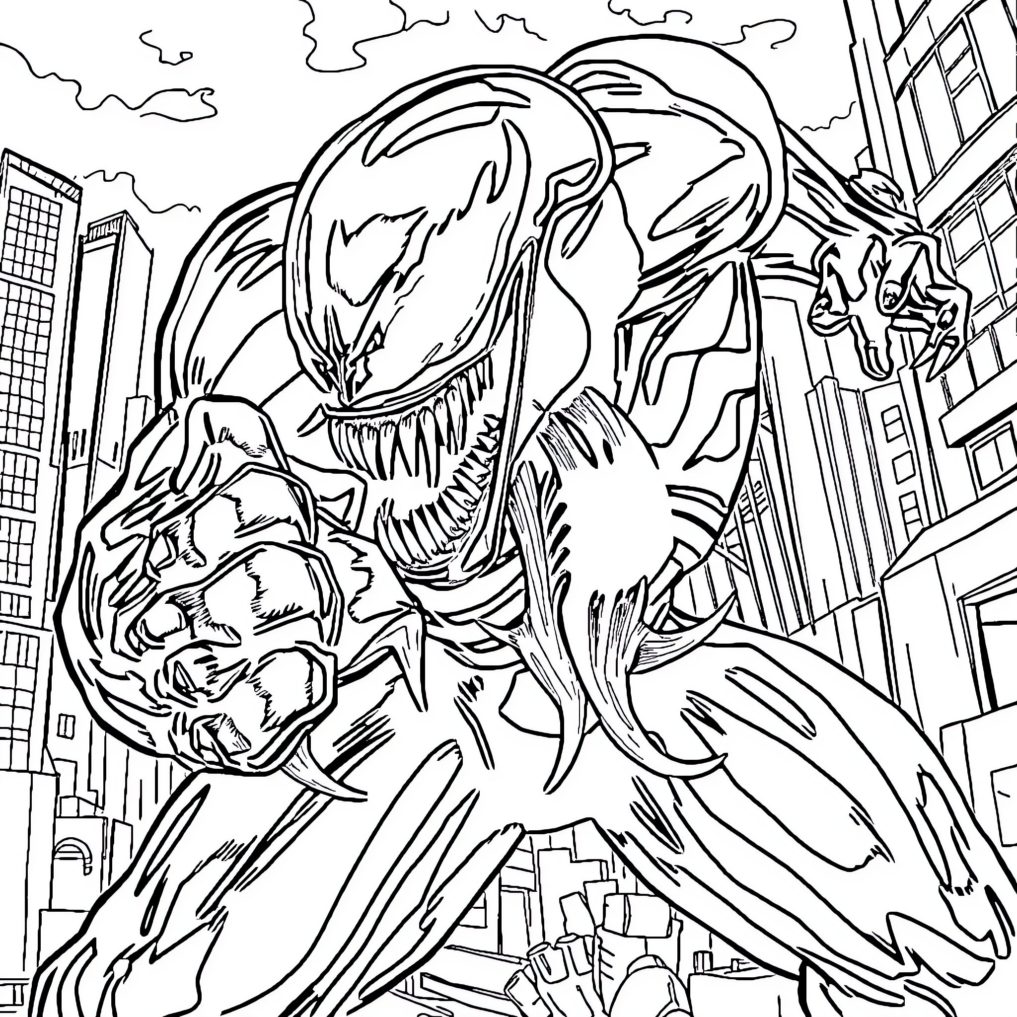 Venom Unleashed in the City Coloring Page (free black-and-white line drawing printable PDF for all, from beginners to advanced learners, including children, teens, adults, and seniors)