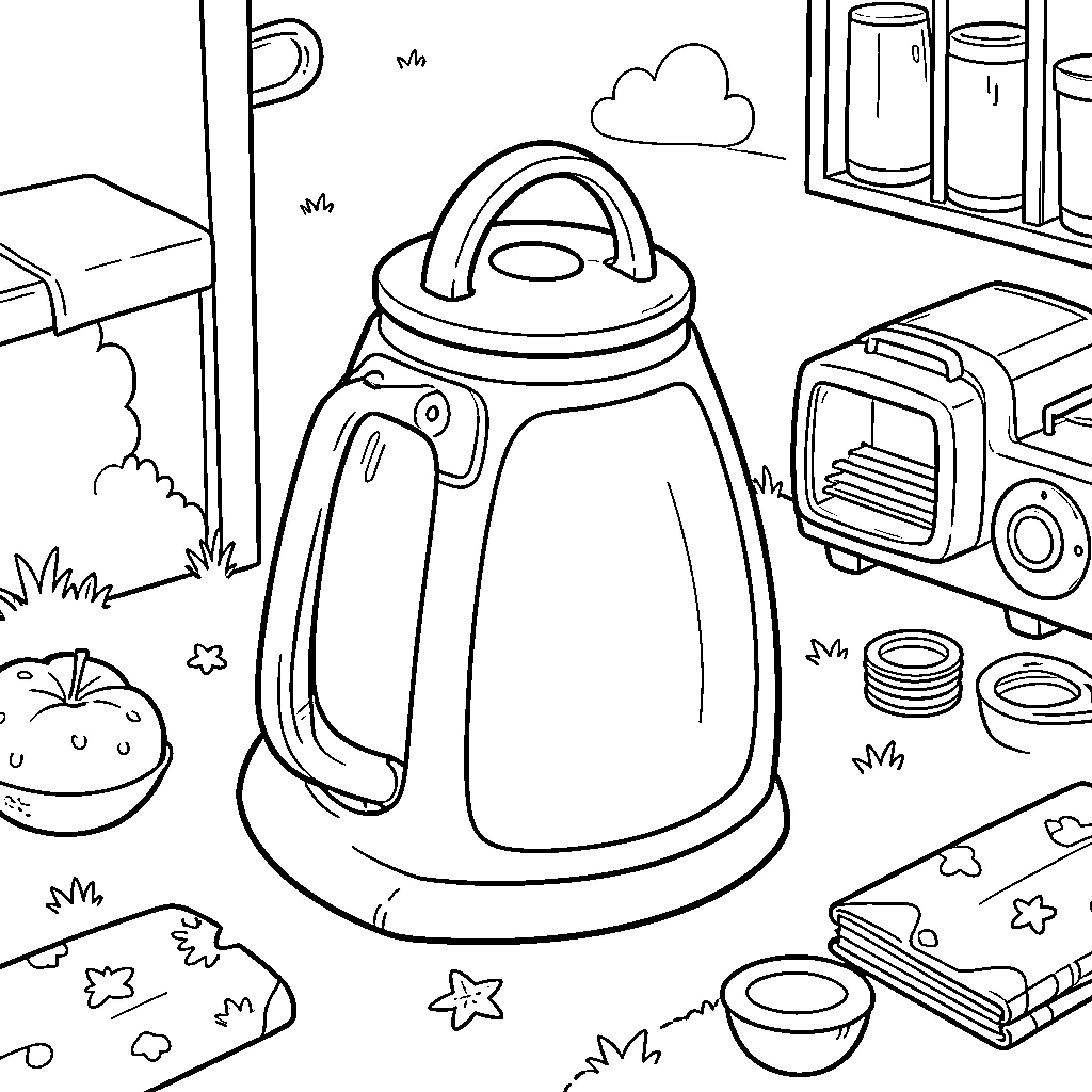 Anything featuring various objects scattered on the grass Coloring Page (free black-and-white line drawing printable PDF for all, from beginners to advanced learners, including children, teens, adults, and seniors)