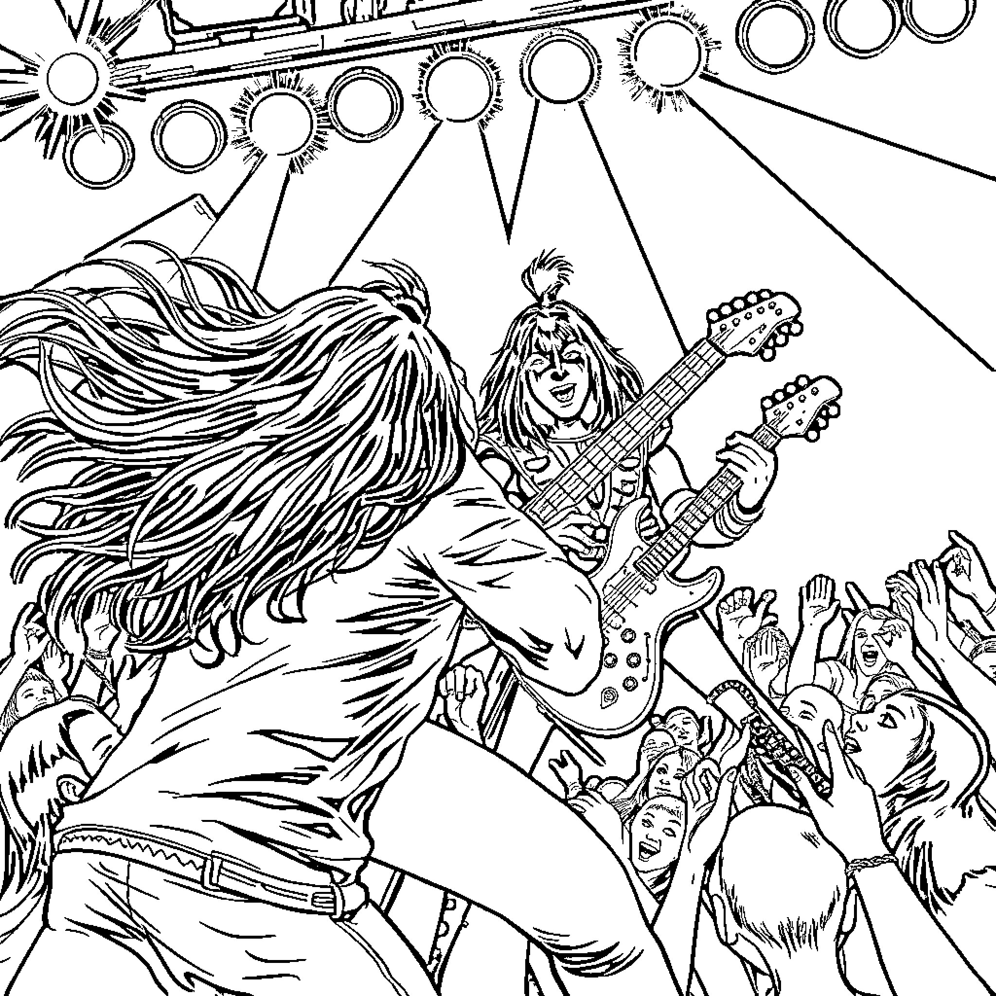 Person playing guitar on stage with enthusiastic crowd Coloring Page (free black-and-white line drawing printable PDF for all, from beginners to advanced learners, including children, teens, adults, and seniors)
