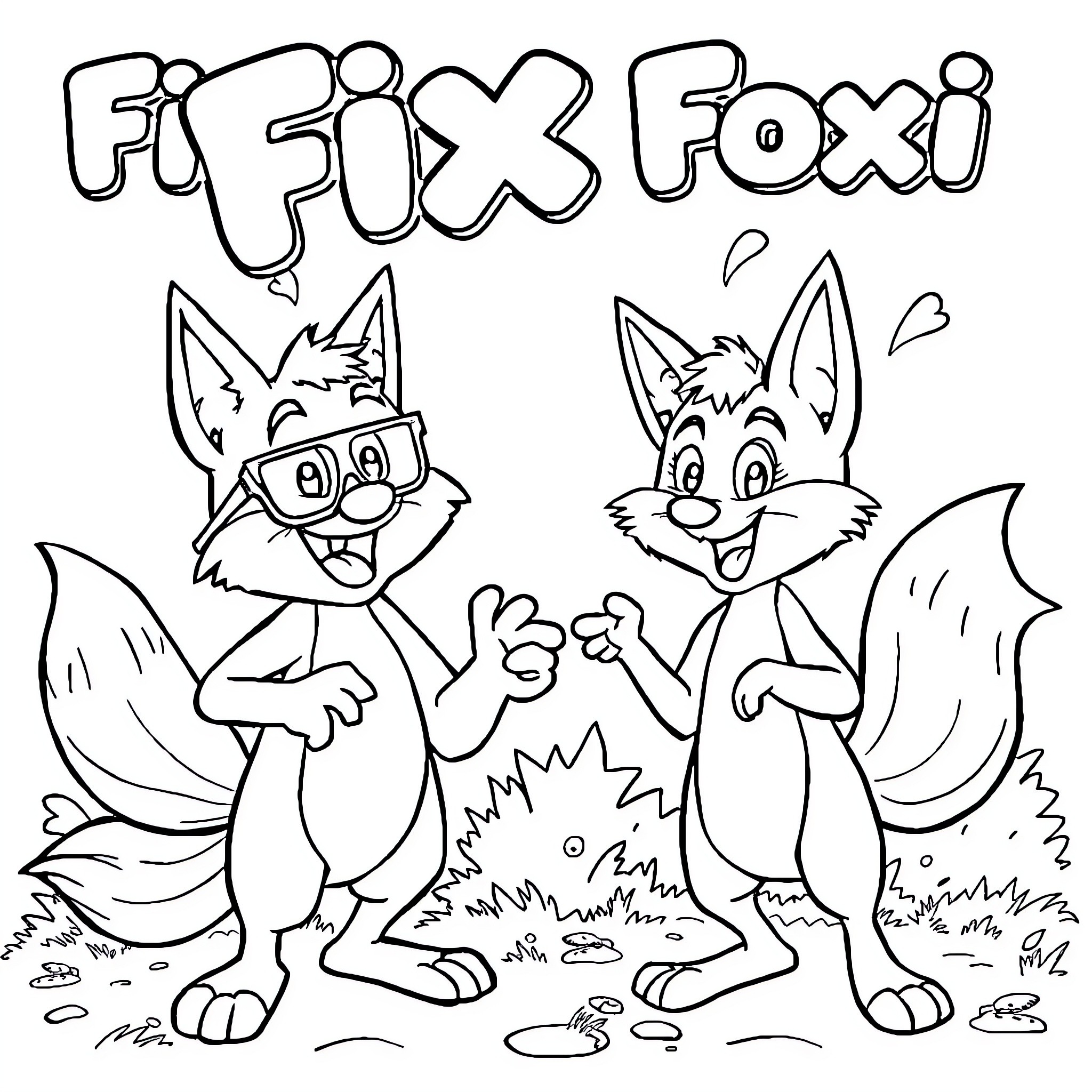 Fix und Foxi: Animated Foxes Posing Together Coloring Page (free black-and-white line drawing printable PDF for all, from beginners to advanced learners, including children, teens, adults, and seniors)