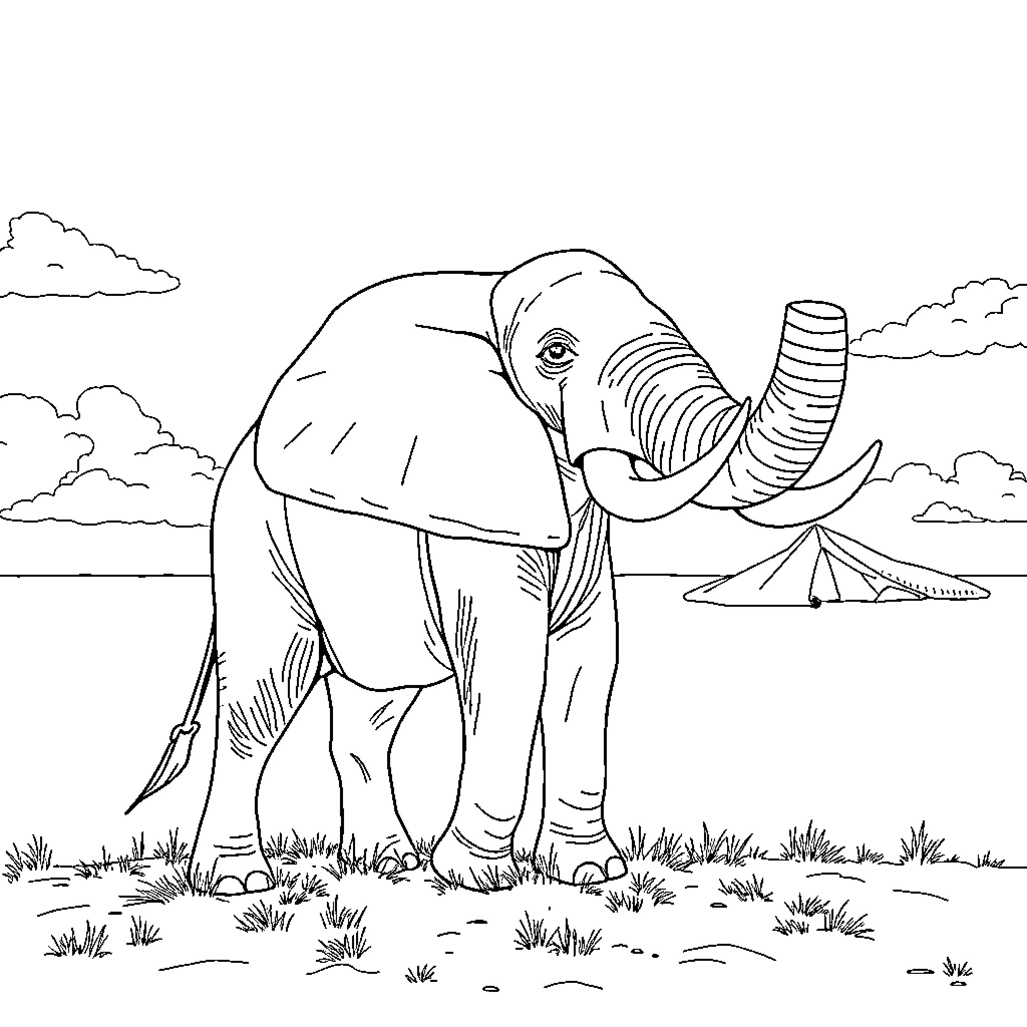 Elephant walking in the wilderness Coloring Page (free black-and-white line drawing printable PDF for all, from beginners to advanced learners, including children, teens, adults, and seniors)