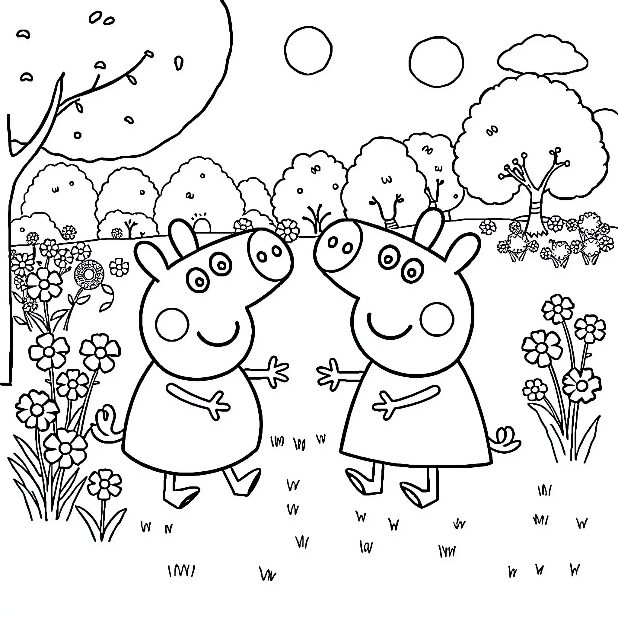 Peppa Pig and friends explore the spring garden Coloring Page (free black-and-white line drawing printable PDF for all, from beginners to advanced learners, including children, teens, adults, and seniors)