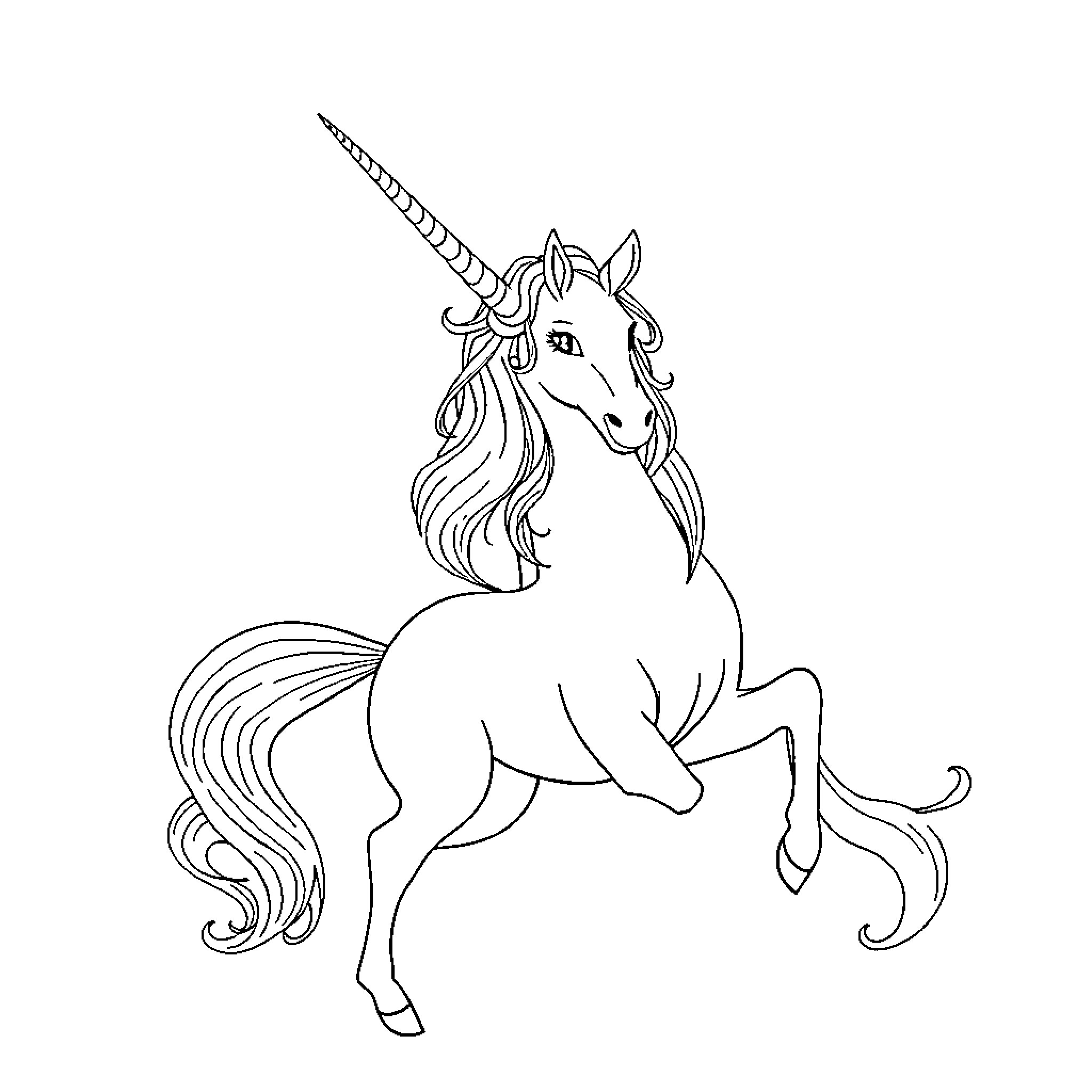 Unicorn sitting gracefully with flowing mane Coloring Page (free black-and-white line drawing printable PDF for all, from beginners to advanced learners, including children, teens, adults, and seniors)