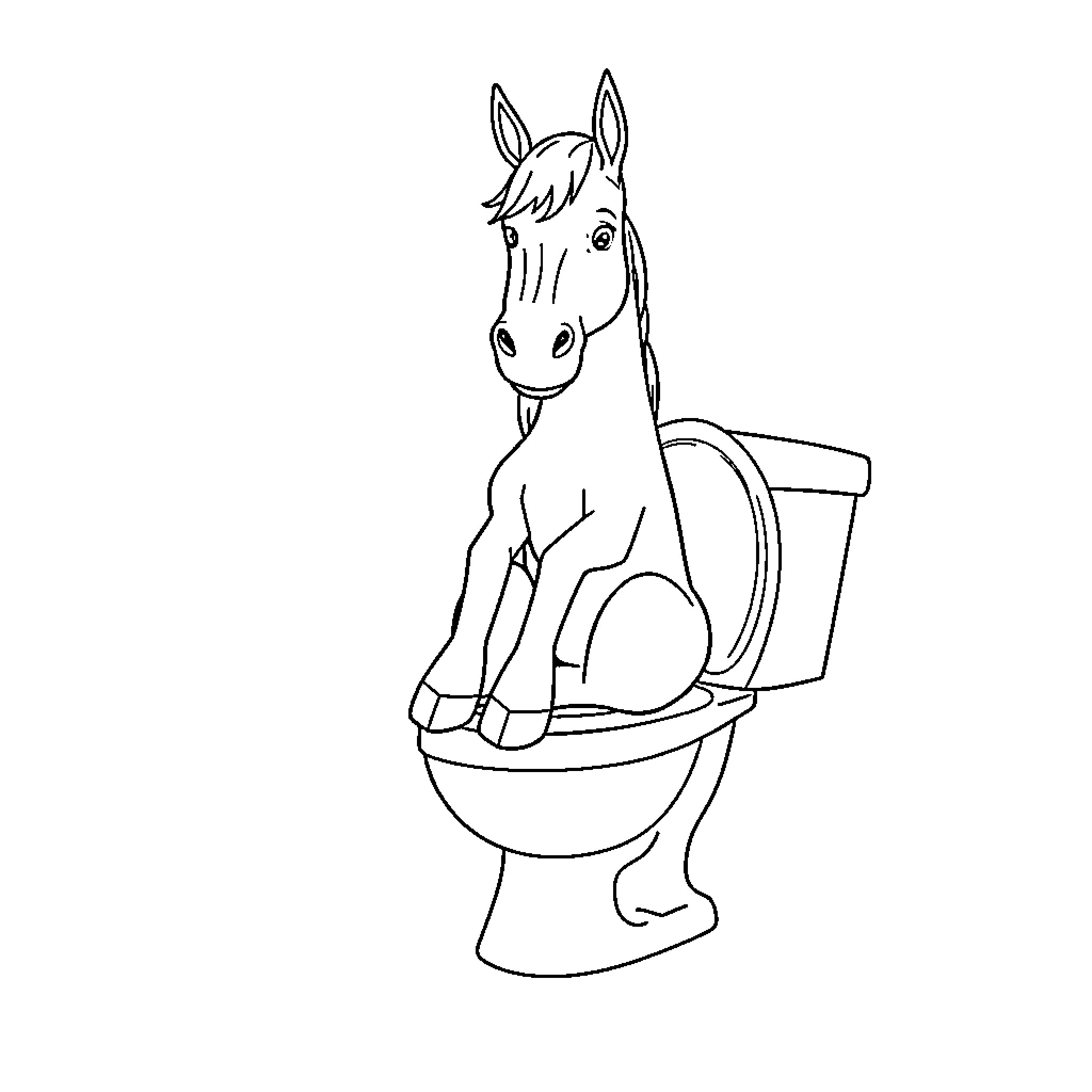 Horse sitting on a toilet Coloring Page (free black-and-white line drawing printable PDF for all, from beginners to advanced learners, including children, teens, adults, and seniors)