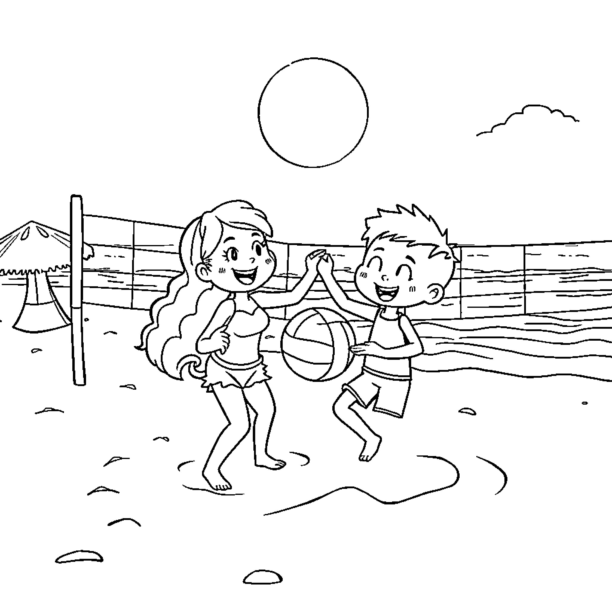 Snowii friends playing happily on the beach Coloring Page (free black-and-white line drawing printable PDF for all, from beginners to advanced learners, including children, teens, adults, and seniors)