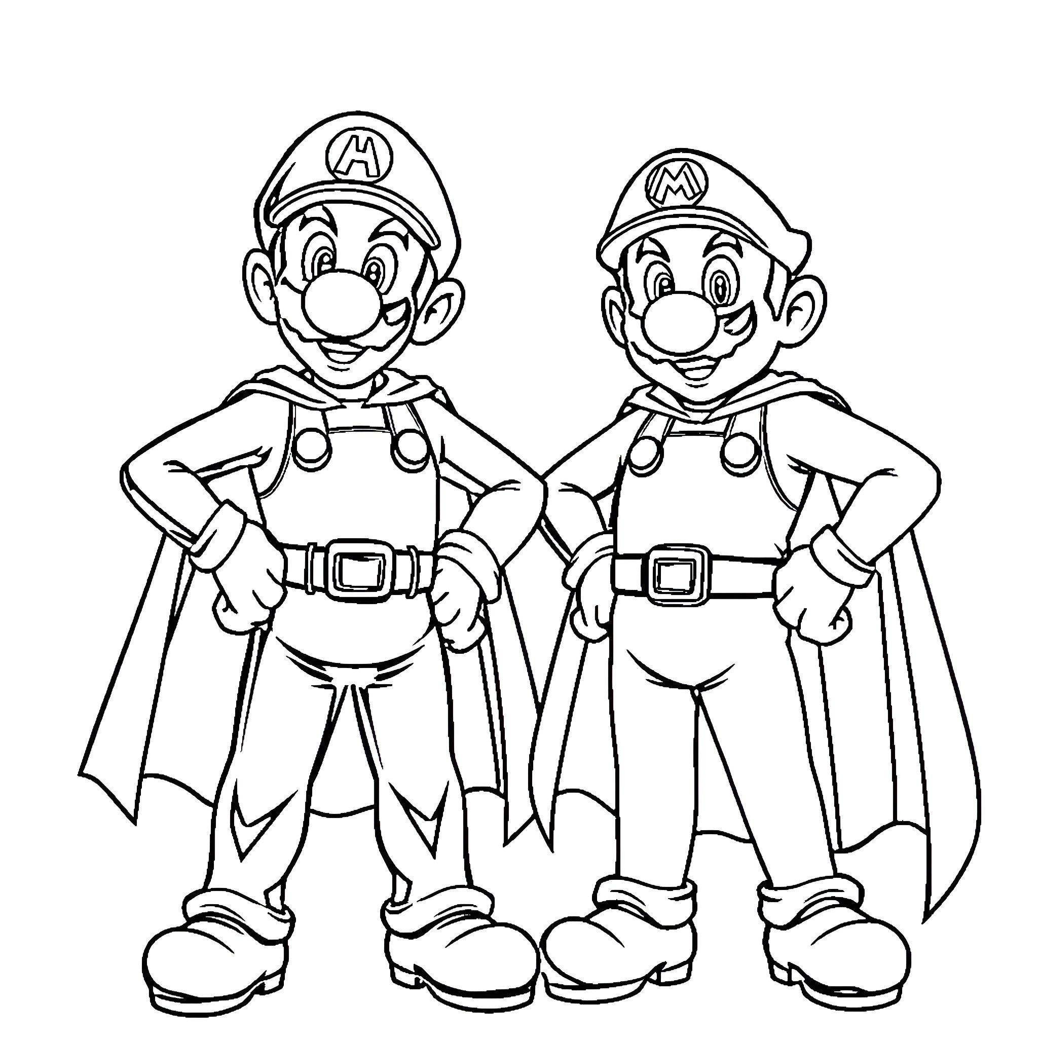 Mario and Luigi in superhero outfits Coloring Page (free black-and-white line drawing printable PDF for all, from beginners to advanced learners, including children, teens, adults, and seniors)