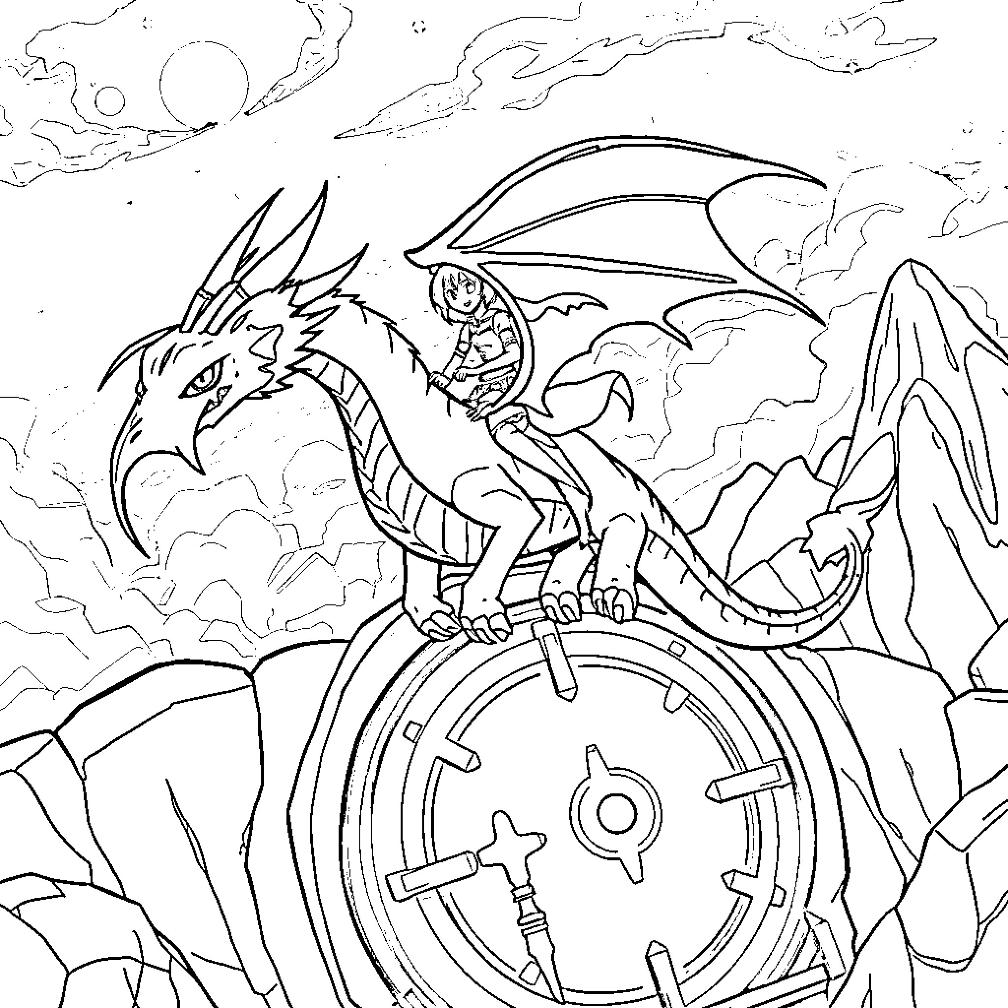 Ruby riding a majestic dragon through the skies Coloring Page (free black-and-white line drawing printable PDF for all, from beginners to advanced learners, including children, teens, adults, and seniors)