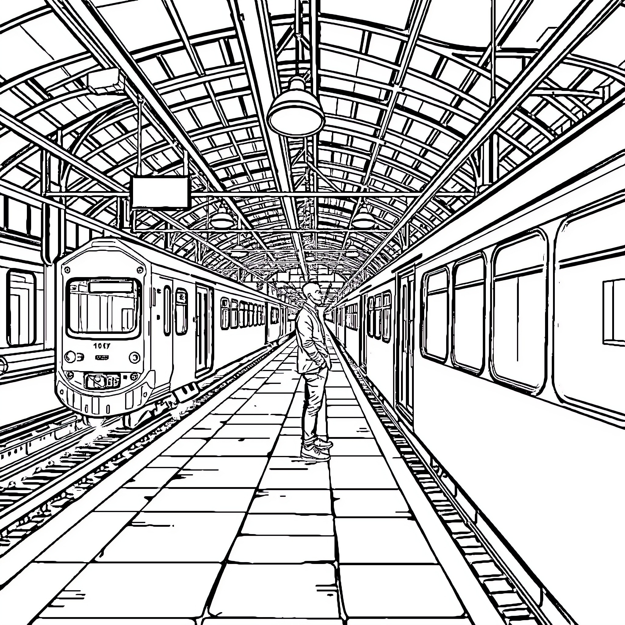 Man walks alone through empty train station Coloring Page (free black-and-white line drawing printable PDF for all, from beginners to advanced learners, including children, teens, adults, and seniors)