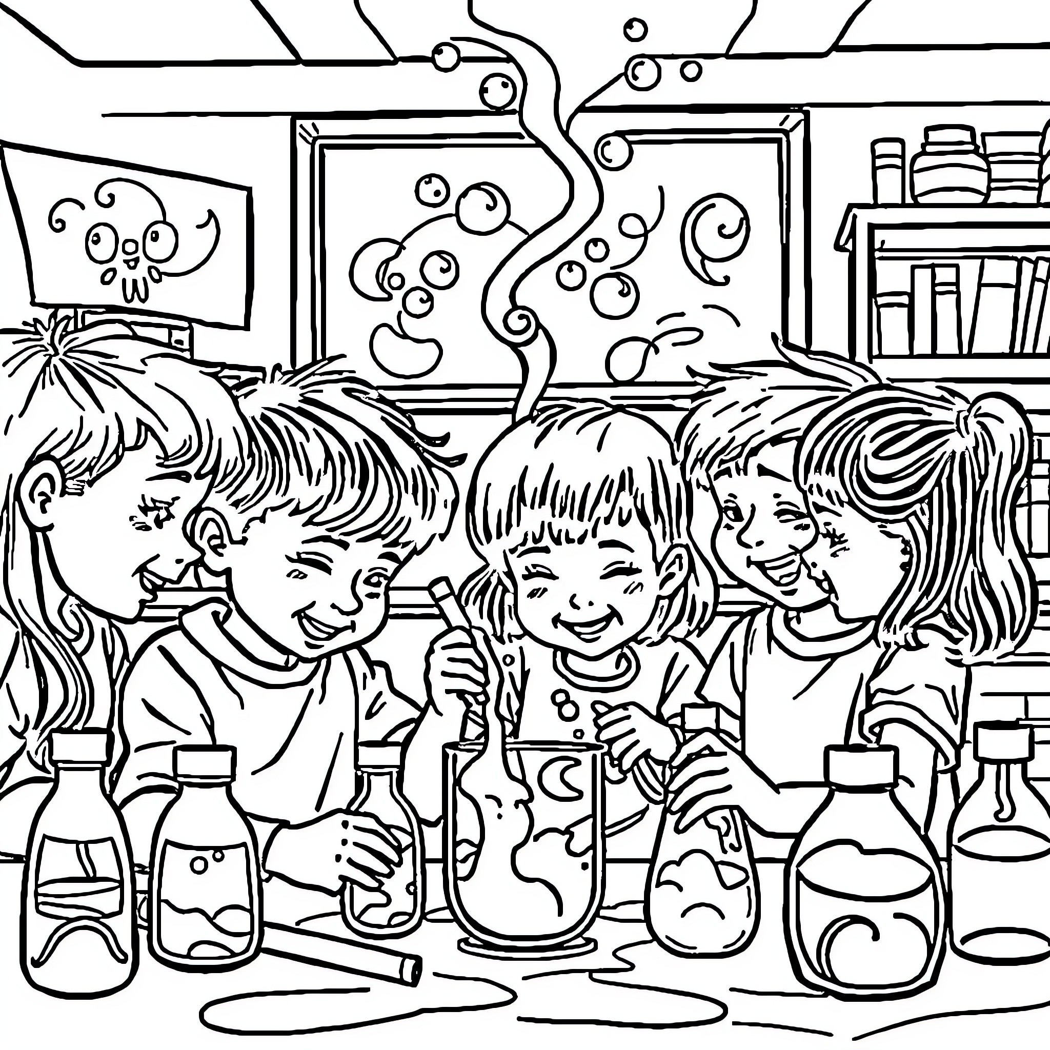 Kid Experimenting with Science Project in Classroom Coloring Page (free black-and-white line drawing printable PDF for all, from beginners to advanced learners, including children, teens, adults, and seniors)