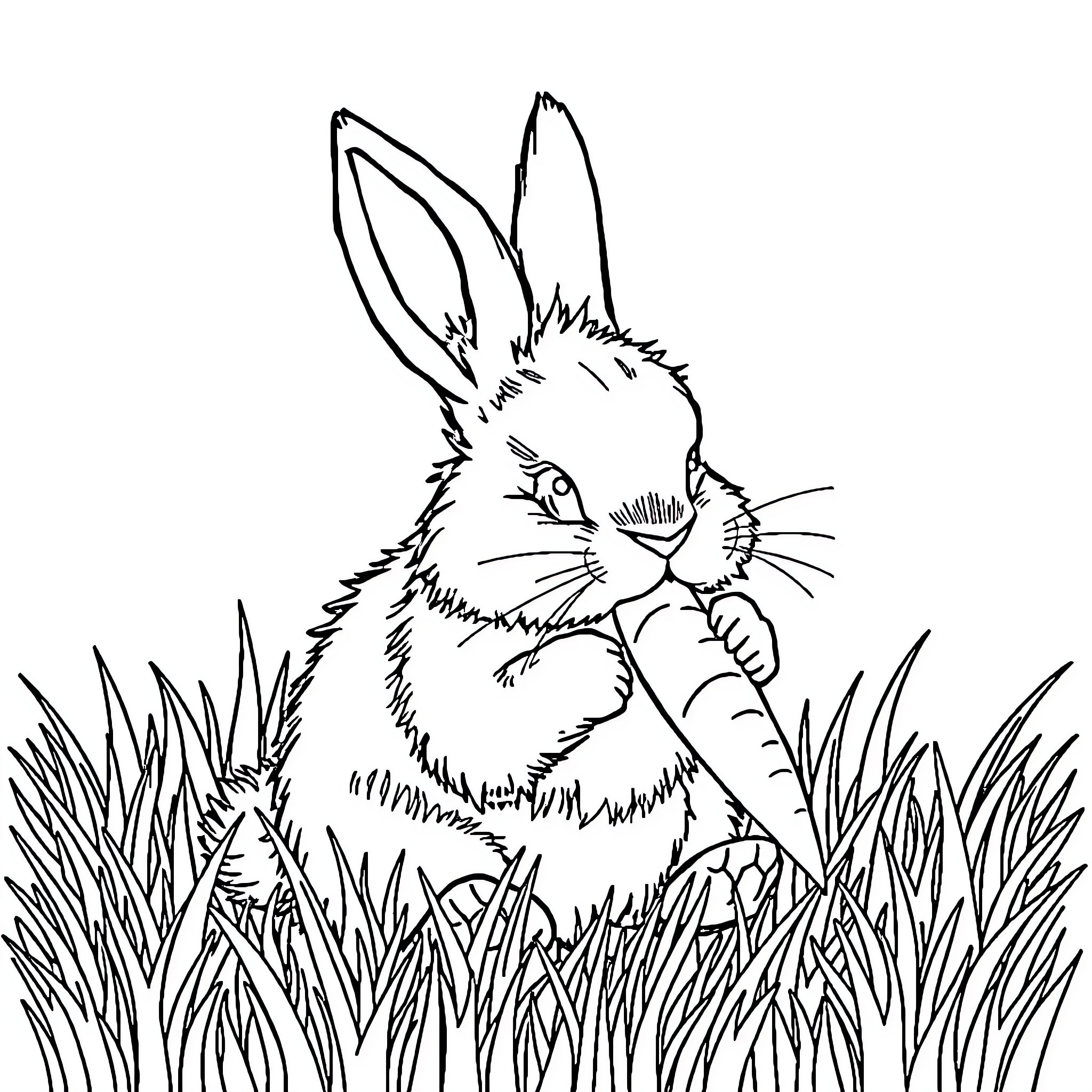 Rabbit peering through tall grass Coloring Page (free black-and-white line drawing printable PDF for all, from beginners to advanced learners, including children, teens, adults, and seniors)