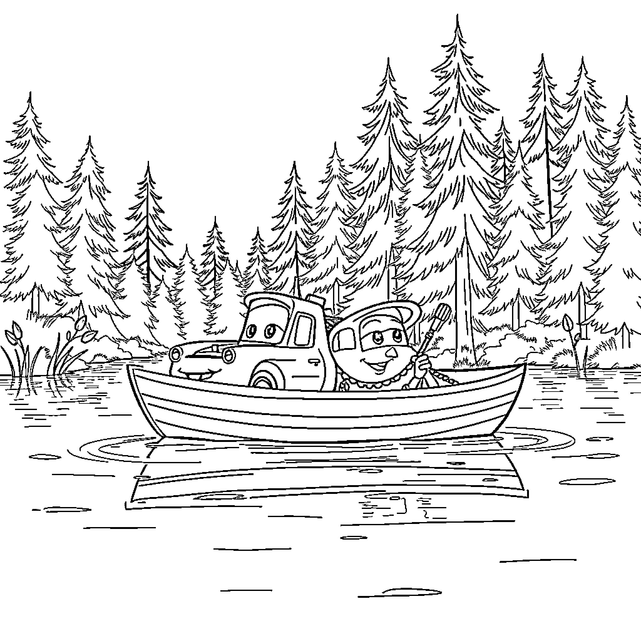 Lightning McQueen boating in the forest lake Coloring Page (free black-and-white line drawing printable PDF for all, from beginners to advanced learners, including children, teens, adults, and seniors)
