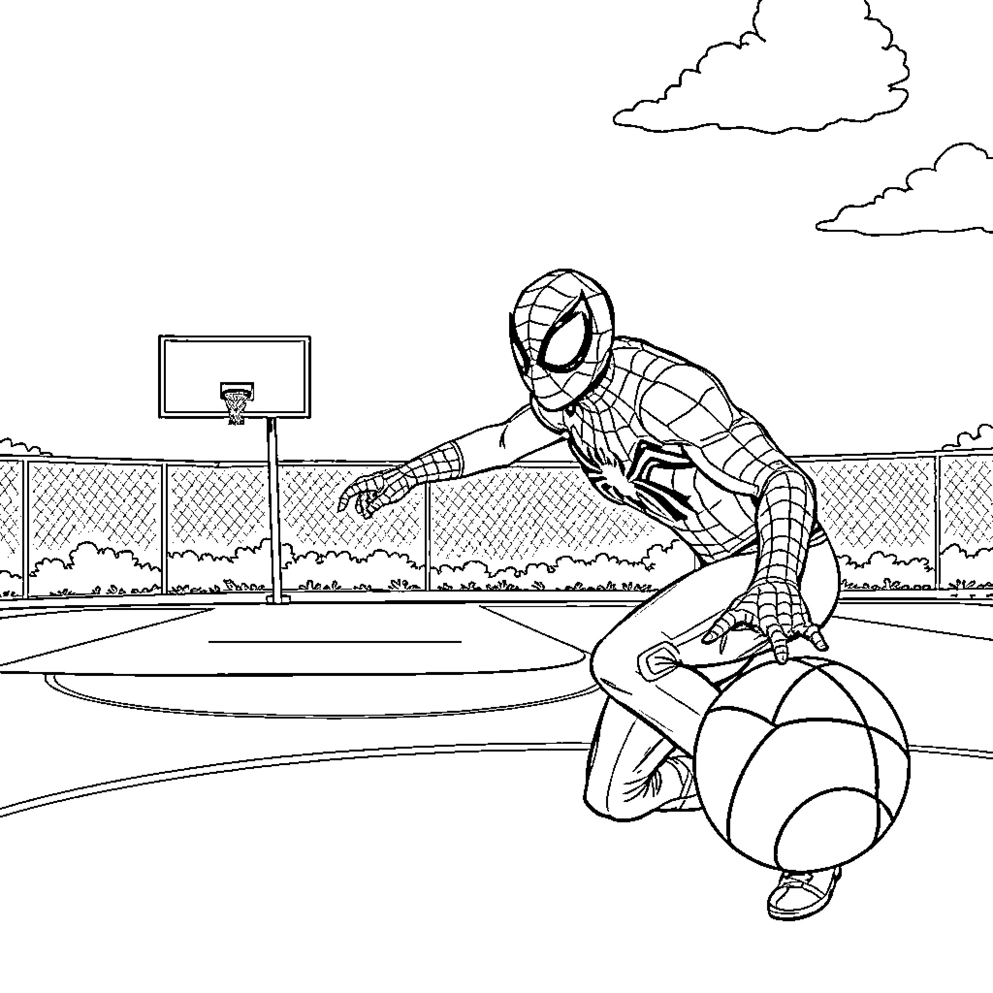 Spiderman dribbling a basketball on an outdoor court Coloring Page (free black-and-white line drawing printable PDF for all, from beginners to advanced learners, including children, teens, adults, and seniors)