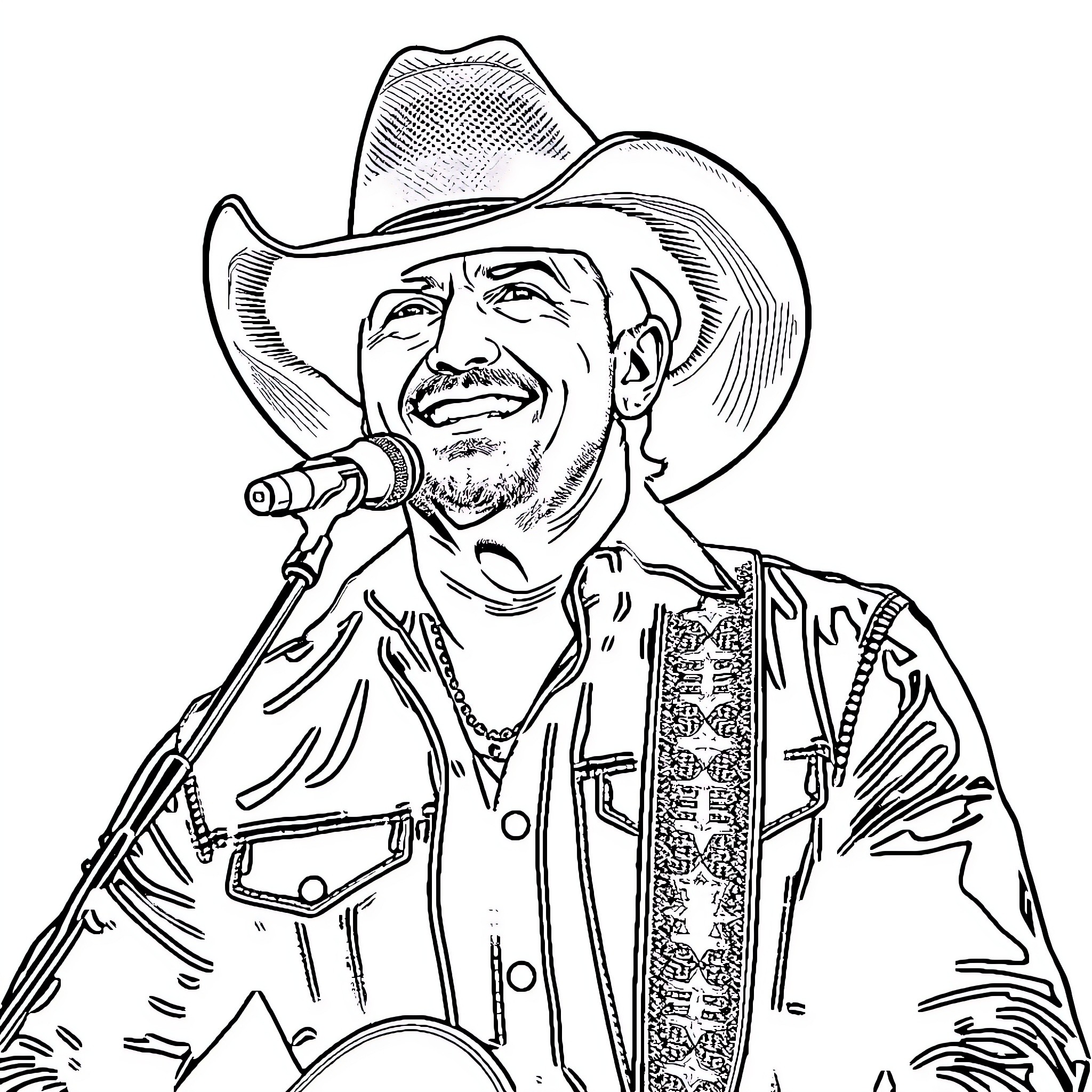 Tim McGraw singing and performing on stage Coloring Page (free black-and-white line drawing printable PDF for all, from beginners to advanced learners, including children, teens, adults, and seniors)