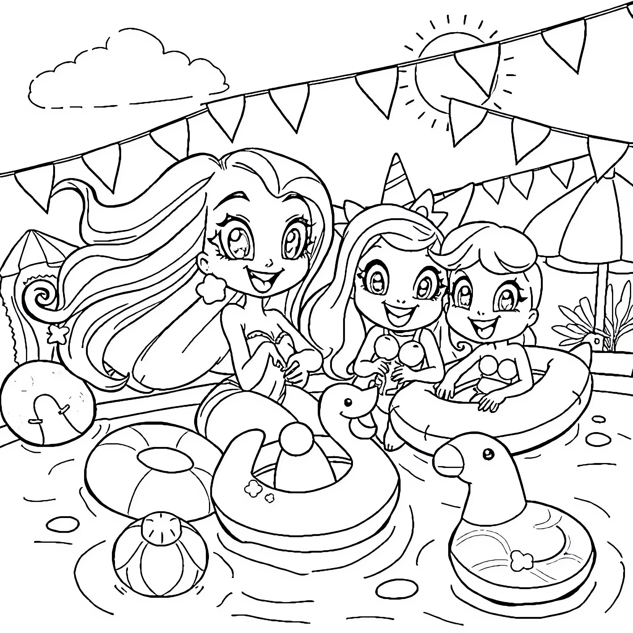 Bluey and friends enjoy a summer picnic Coloring Page (free black-and-white line drawing printable PDF for all, from beginners to advanced learners, including children, teens, adults, and seniors)