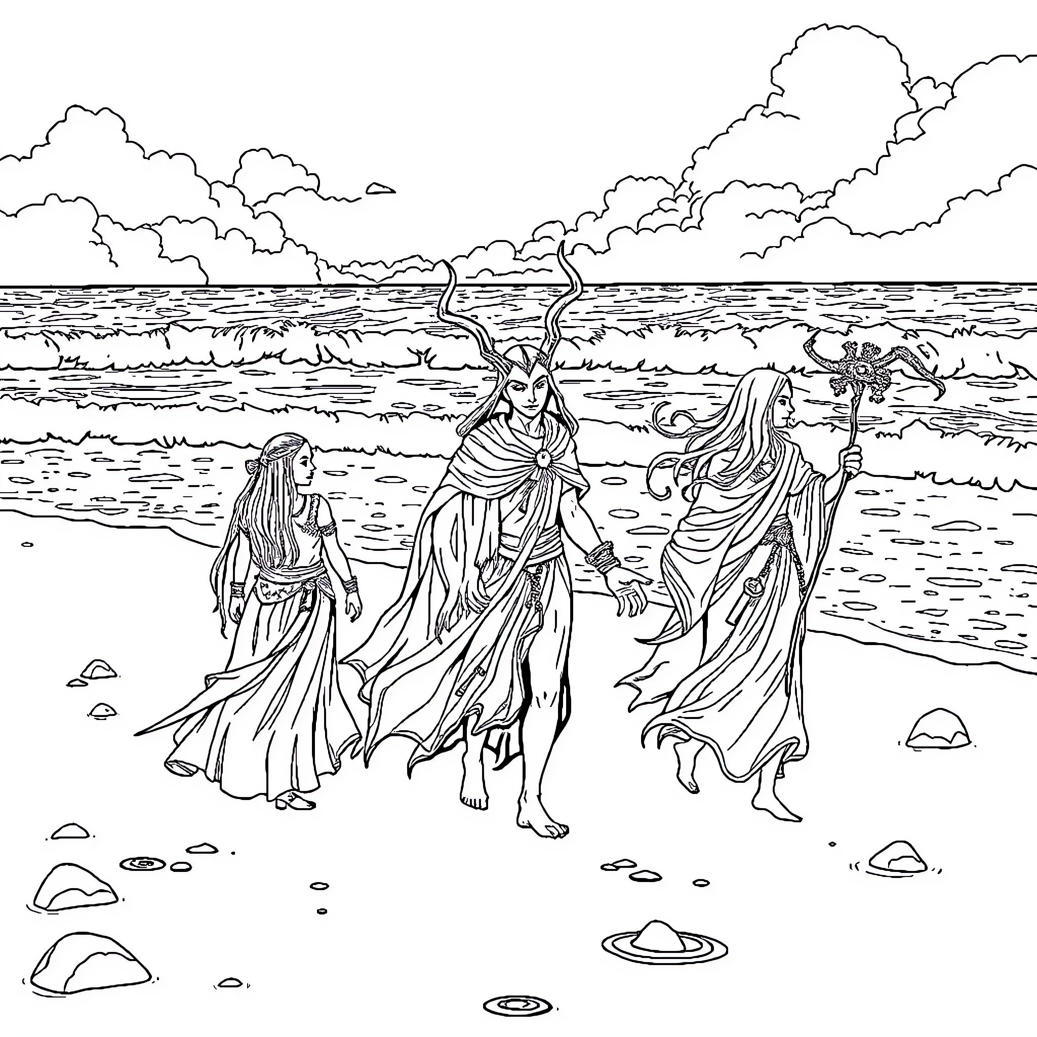 Arcane Character Strolling Along the Coastal Shore Coloring Page (free black-and-white line drawing printable PDF for all, from beginners to advanced learners, including children, teens, adults, and seniors)