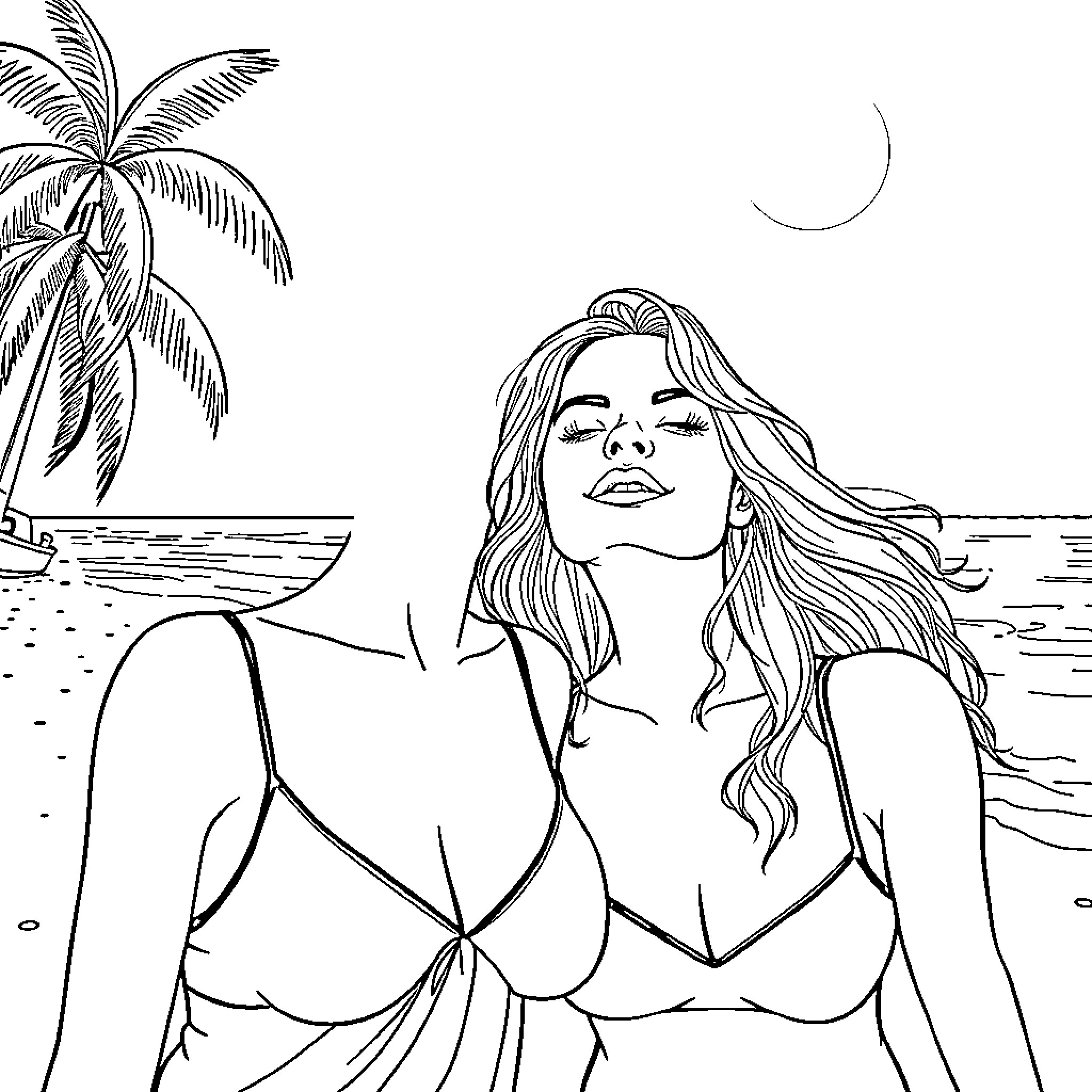 Women relaxing on the beach at sunset Coloring Page (free black-and-white line drawing printable PDF for all, from beginners to advanced learners, including children, teens, adults, and seniors)