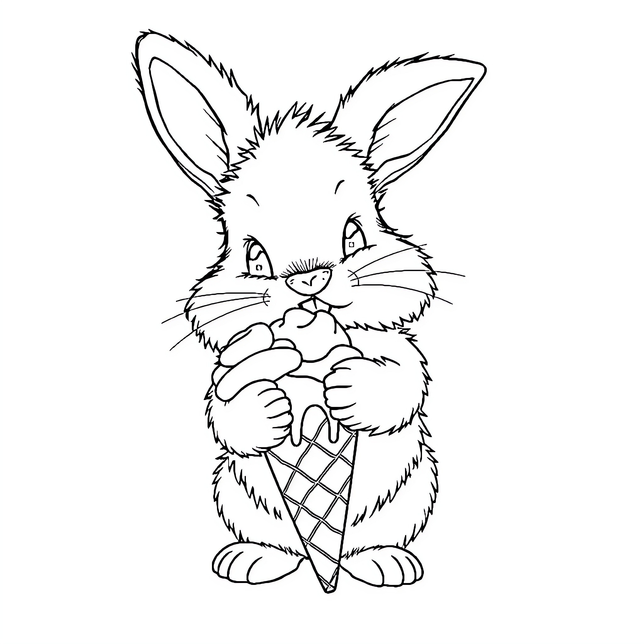 Bunny enjoying an ice cream cone Coloring Page (free black-and-white line drawing printable PDF for all, from beginners to advanced learners, including children, teens, adults, and seniors)