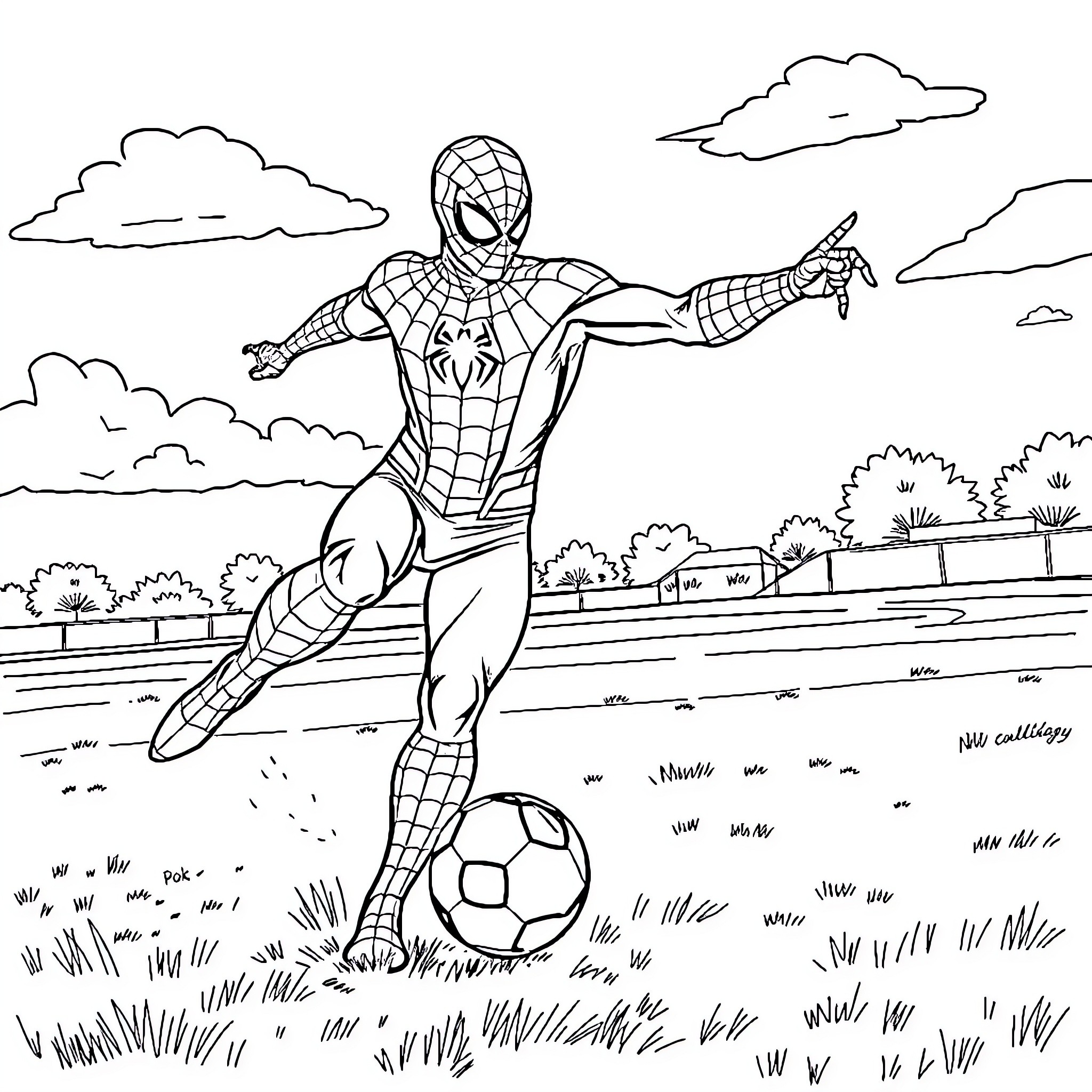 Spiderman playing football in a grassy field Coloring Page (free black-and-white line drawing printable PDF for all, from beginners to advanced learners, including children, teens, adults, and seniors)