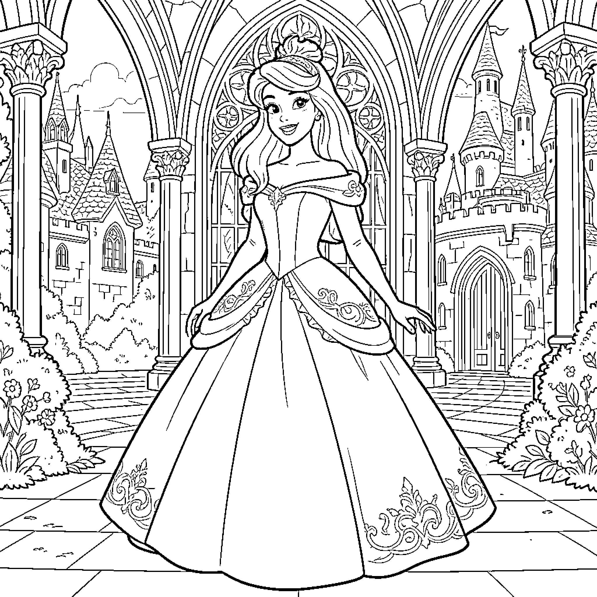 Princess posing elegantly in front of a castle Coloring Page (free black-and-white line drawing printable PDF for all, from beginners to advanced learners, including children, teens, adults, and seniors)