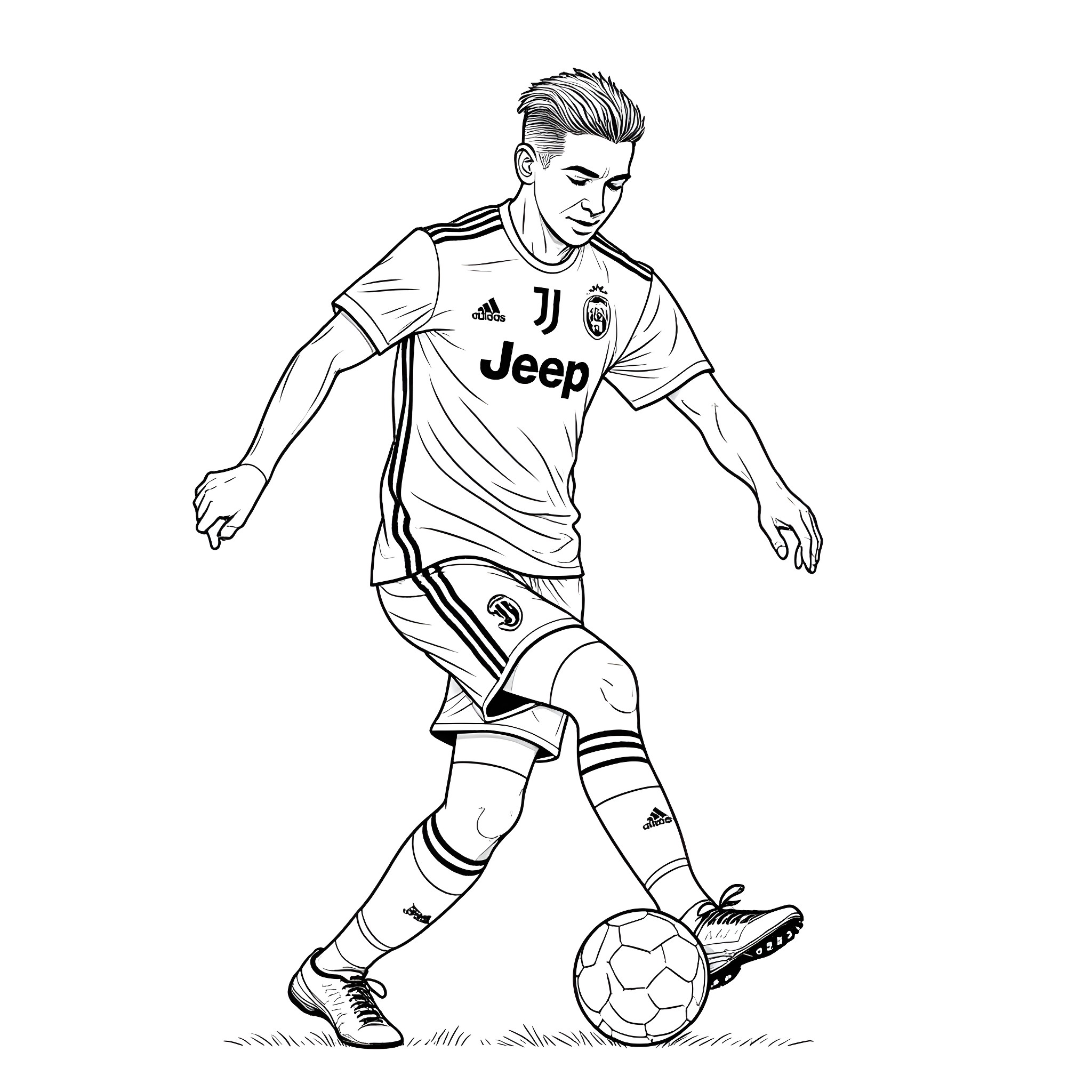 Juventus Player dribbling the soccer ball Coloring Page (free black-and-white line drawing printable PDF for all, from beginners to advanced learners, including children, teens, adults, and seniors)