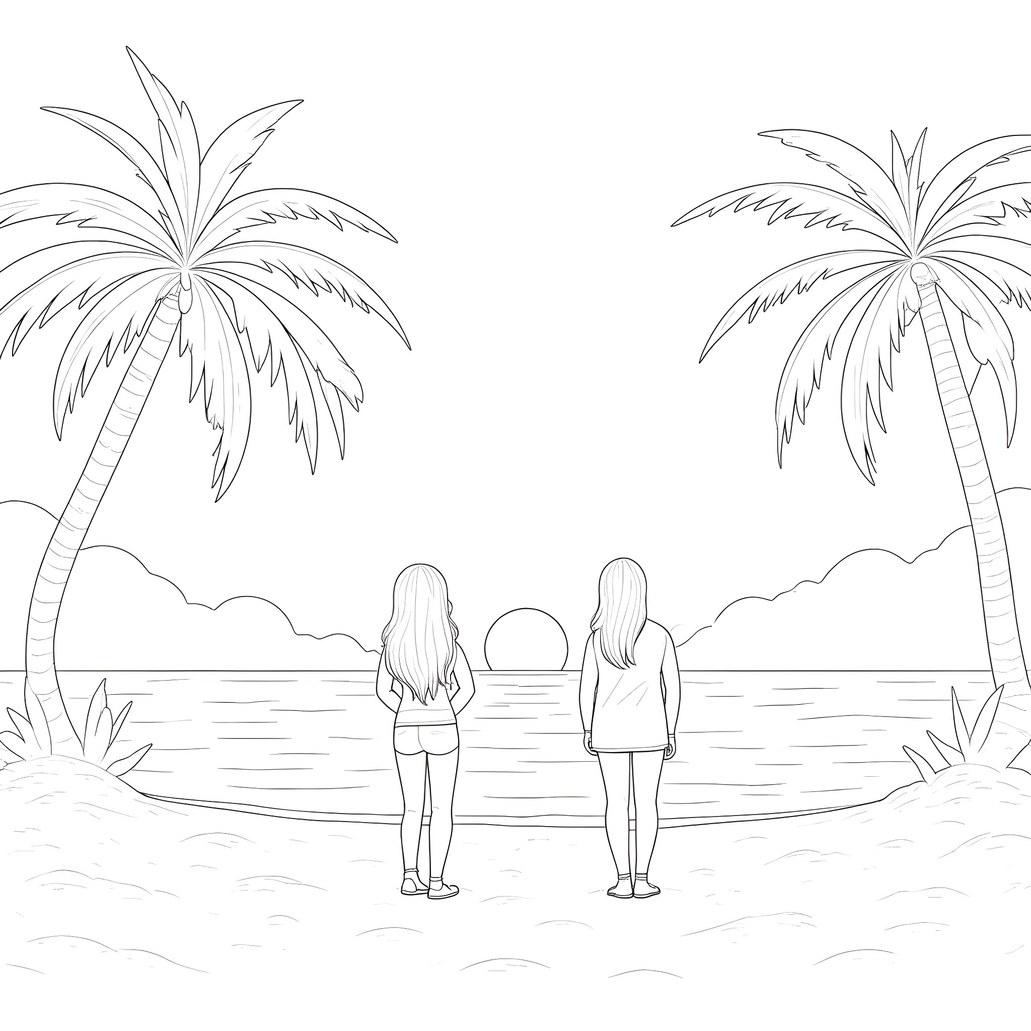 Couple enjoying scenic tropical beach Coloring Page (free black-and-white line drawing printable PDF for all, from beginners to advanced learners, including children, teens, adults, and seniors)