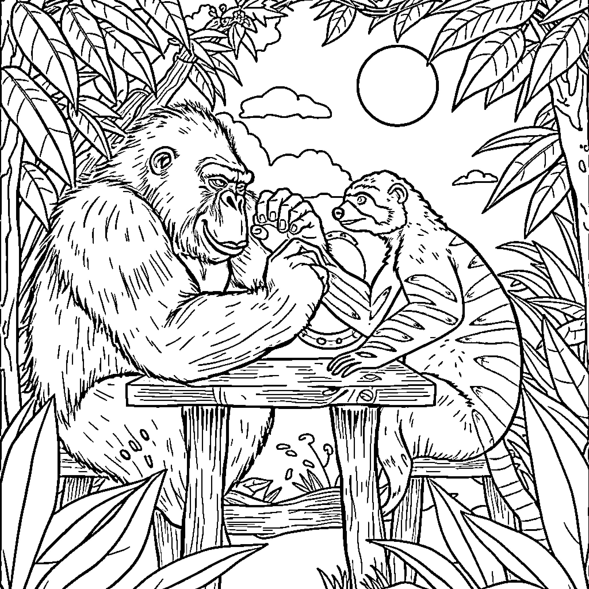 Gorilla and Frog Sharing a Moment in the Jungle Coloring Page (free black-and-white line drawing printable PDF for all, from beginners to advanced learners, including children, teens, adults, and seniors)