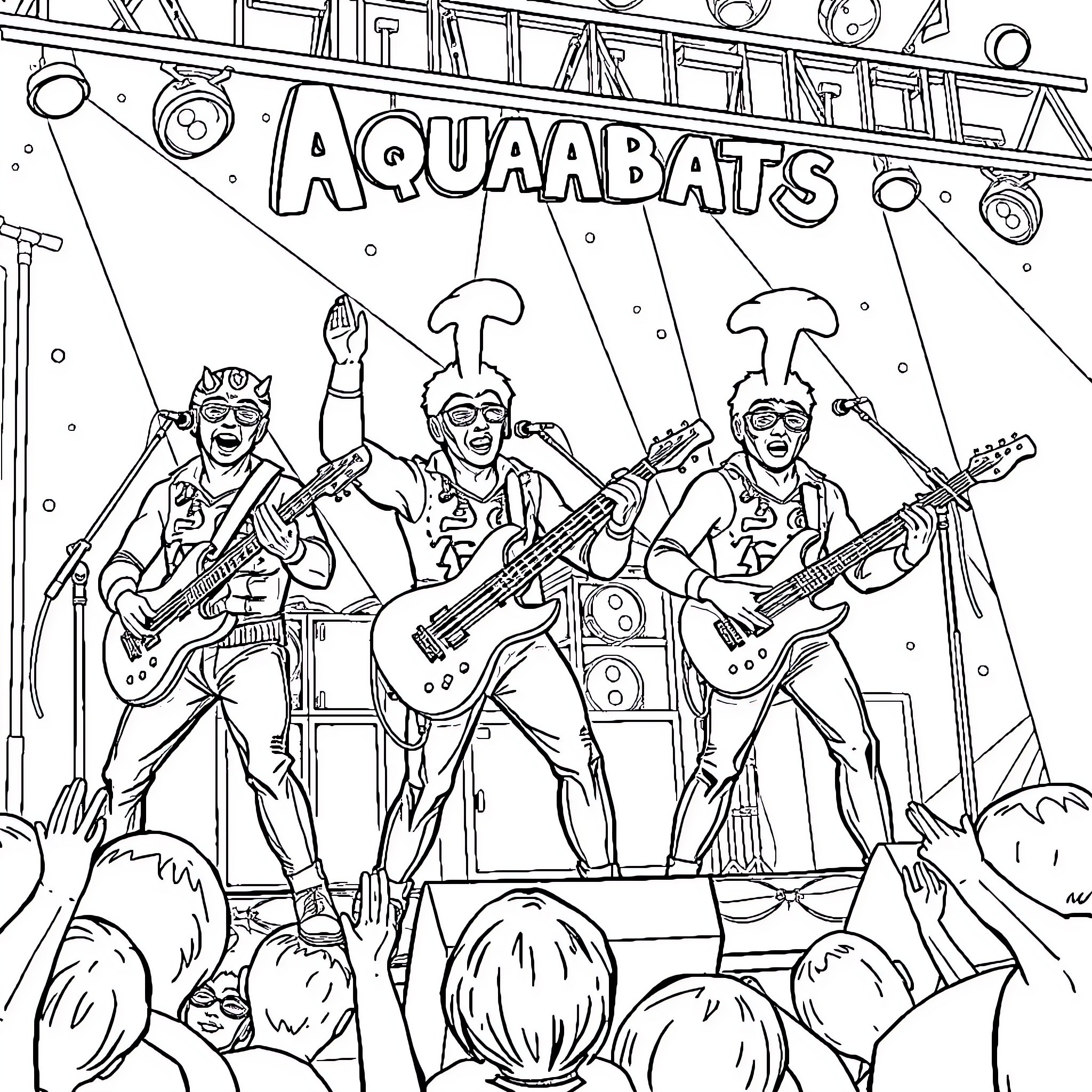Aquabats Performing on Stage with Fans Coloring Page (free black-and-white line drawing printable PDF for all, from beginners to advanced learners, including children, teens, adults, and seniors)
