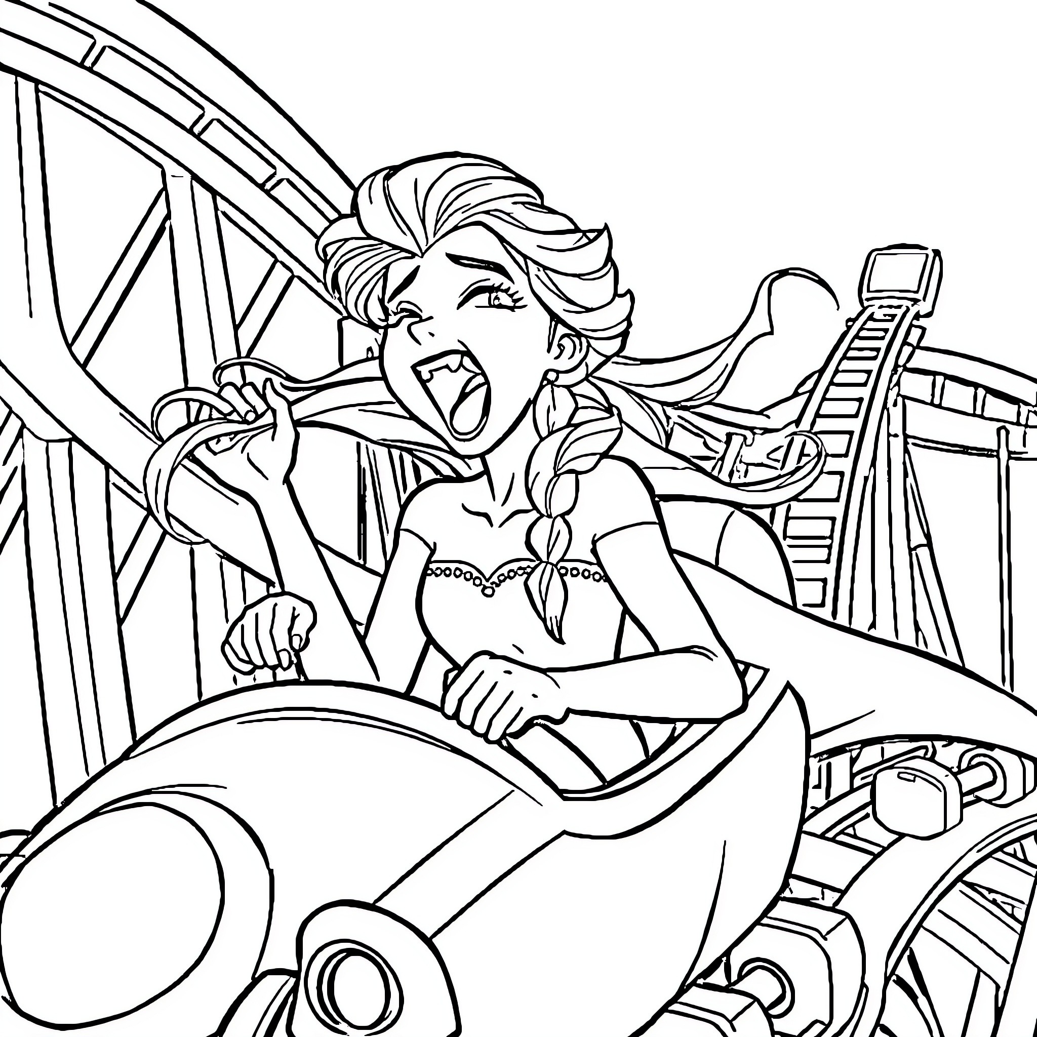 Elsa enjoying an exhilarating roller coaster ride Coloring Page (free black-and-white line drawing printable PDF for all, from beginners to advanced learners, including children, teens, adults, and seniors)