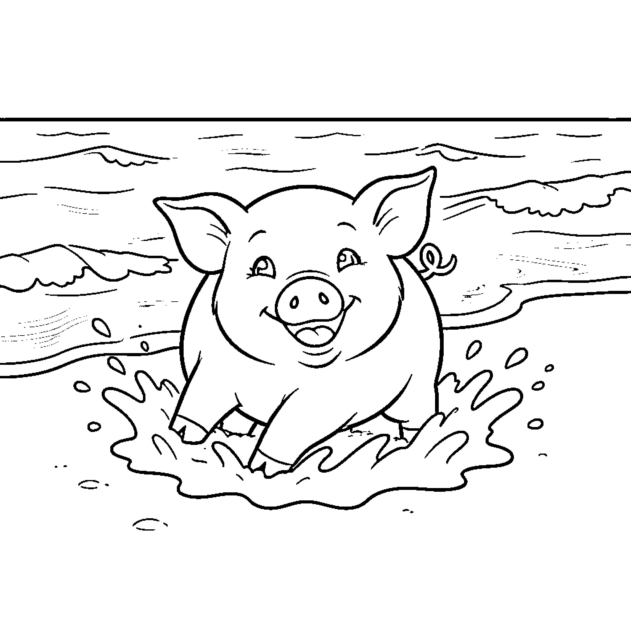 Pig playing joyfully in the mud Coloring Page (free black-and-white line drawing printable PDF for all, from beginners to advanced learners, including children, teens, adults, and seniors)