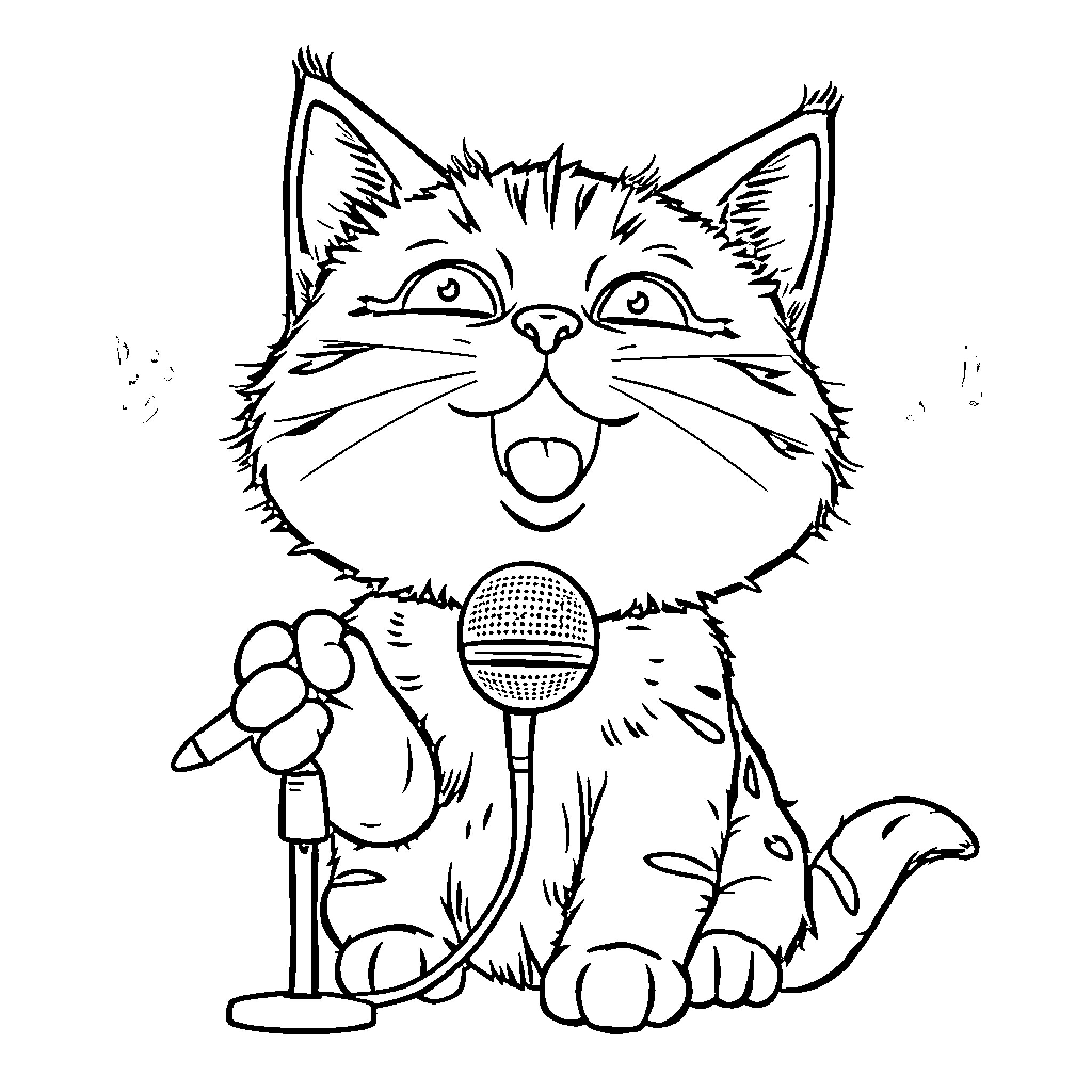 Cat singing joyfully with microphone Coloring Page (free black-and-white line drawing printable PDF for all, from beginners to advanced learners, including children, teens, adults, and seniors)
