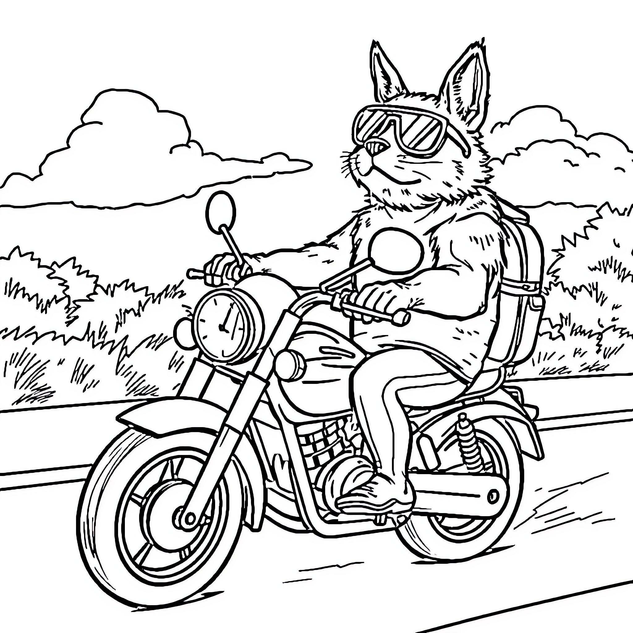 Dog riding motorcycle in countryside Coloring Page (free black-and-white line drawing printable PDF for all, from beginners to advanced learners, including children, teens, adults, and seniors)