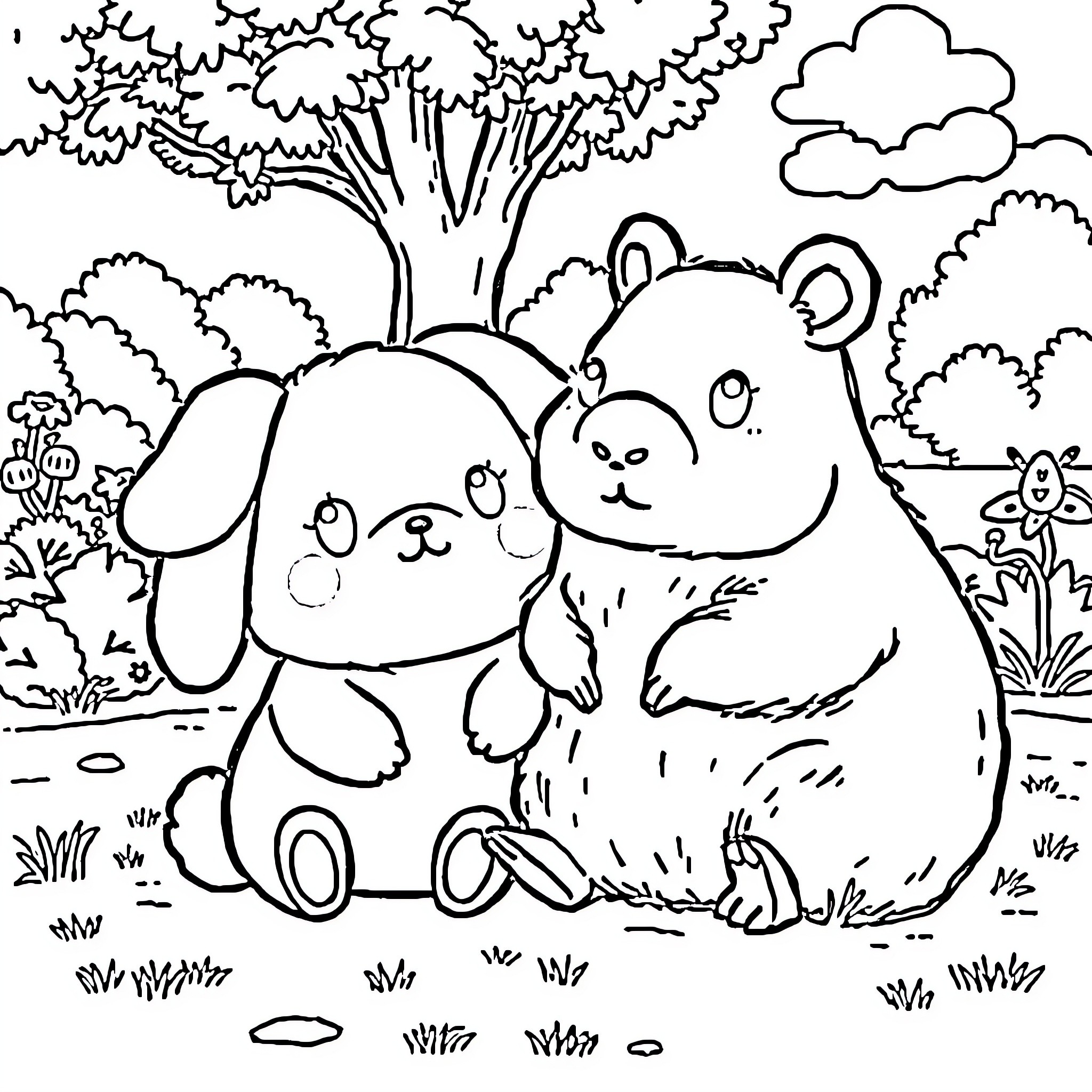 Cinnamoroll's Playful Adventure in the Forest Coloring Page (free black-and-white line drawing printable PDF for all, from beginners to advanced learners, including children, teens, adults, and seniors)