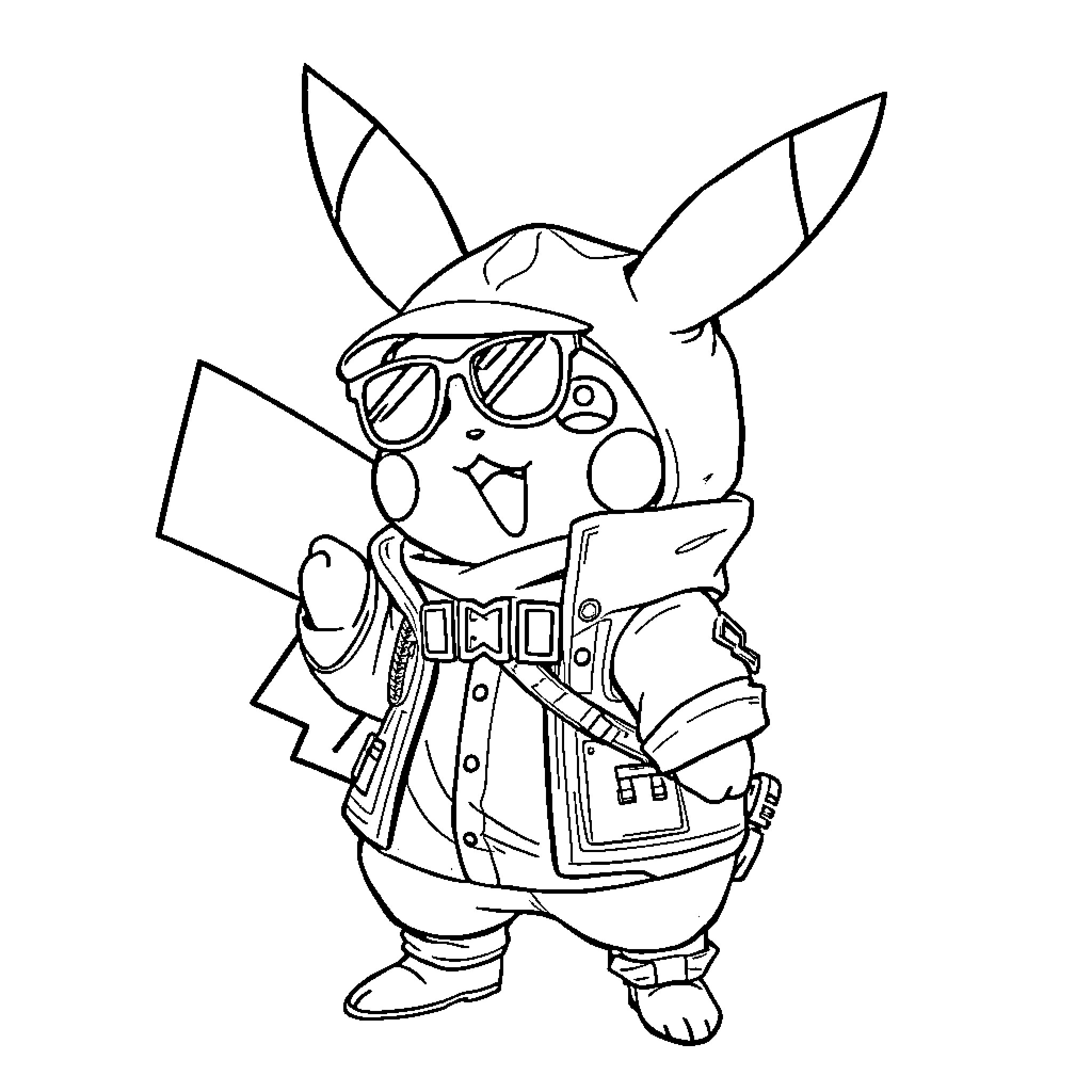 Pikachu in stylish detective outfit Coloring Page (free black-and-white line drawing printable PDF for all, from beginners to advanced learners, including children, teens, adults, and seniors)