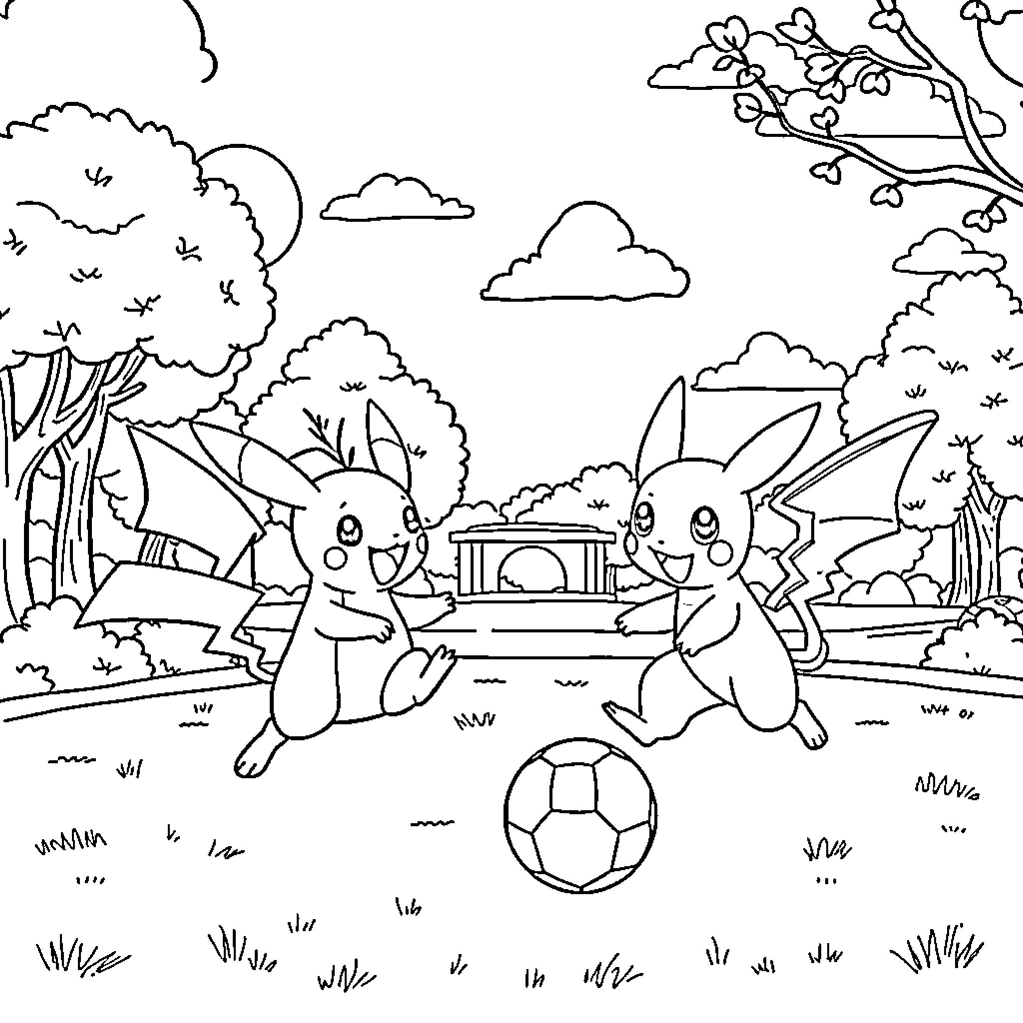 Pokémon characters playing with a ball in the forest Coloring Page (free black-and-white line drawing printable PDF for all, from beginners to advanced learners, including children, teens, adults, and seniors)