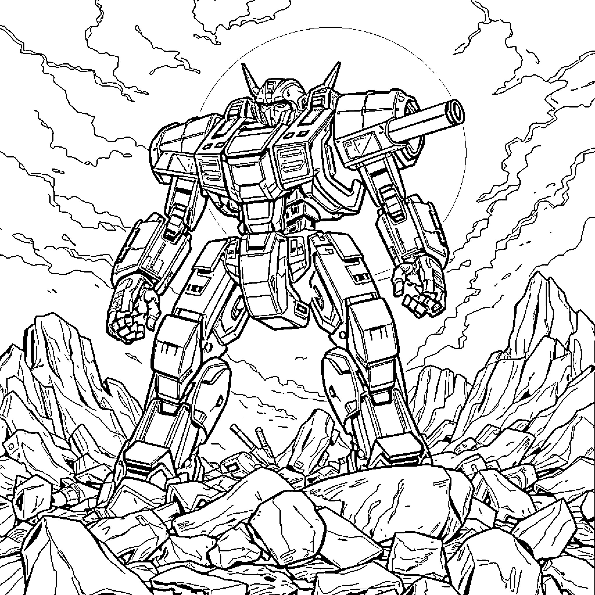 Timberwolf mech in an epic sci-fi battle scene Coloring Page (free black-and-white line drawing printable PDF for all, from beginners to advanced learners, including children, teens, adults, and seniors)