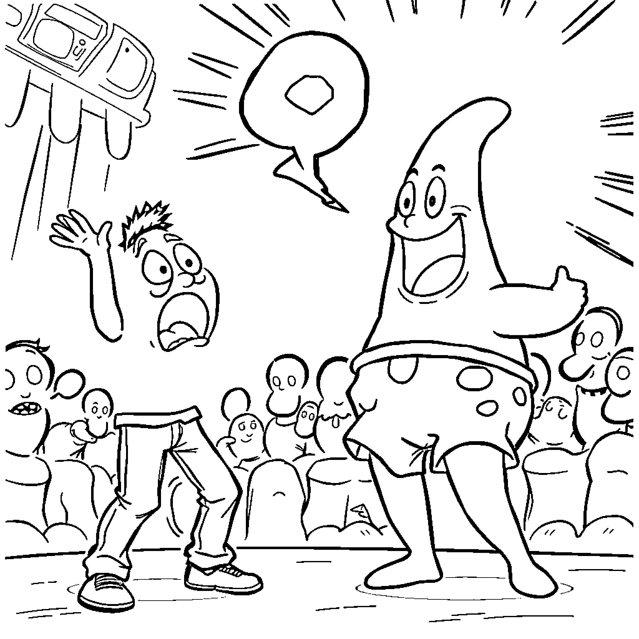 Person with colorful crowd in playful environment Coloring Page (free black-and-white line drawing printable PDF for all, from beginners to advanced learners, including children, teens, adults, and seniors)