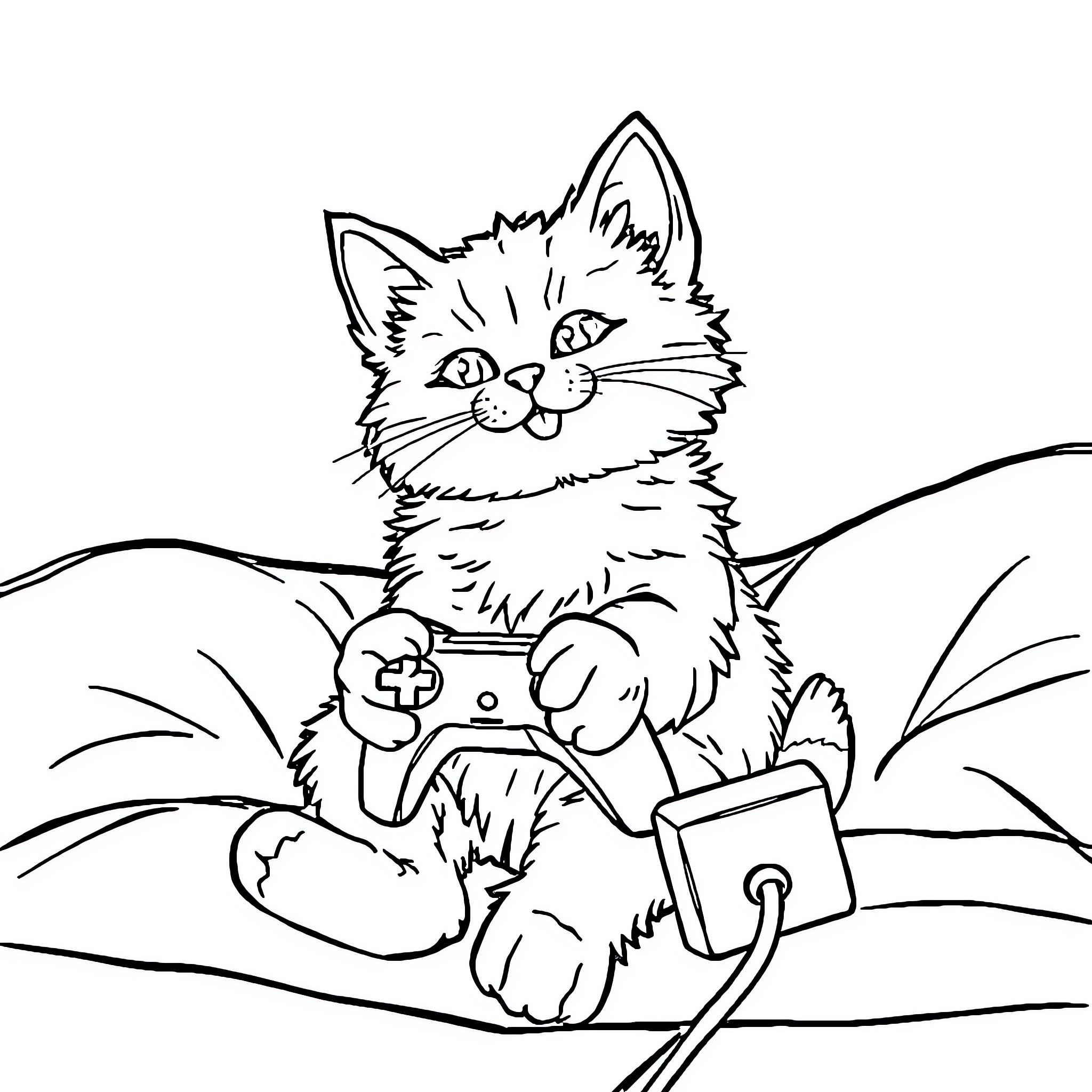 Kitty playing video game with tablet Coloring Page (free black-and-white line drawing printable PDF for all, from beginners to advanced learners, including children, teens, adults, and seniors)