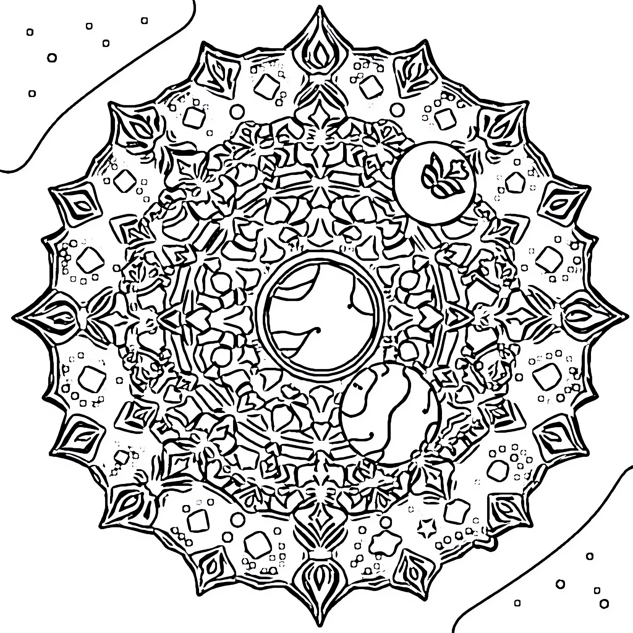 Mandala of intricate geometric patterns and symbols Coloring Page (free black-and-white line drawing printable PDF for all, from beginners to advanced learners, including children, teens, adults, and seniors)