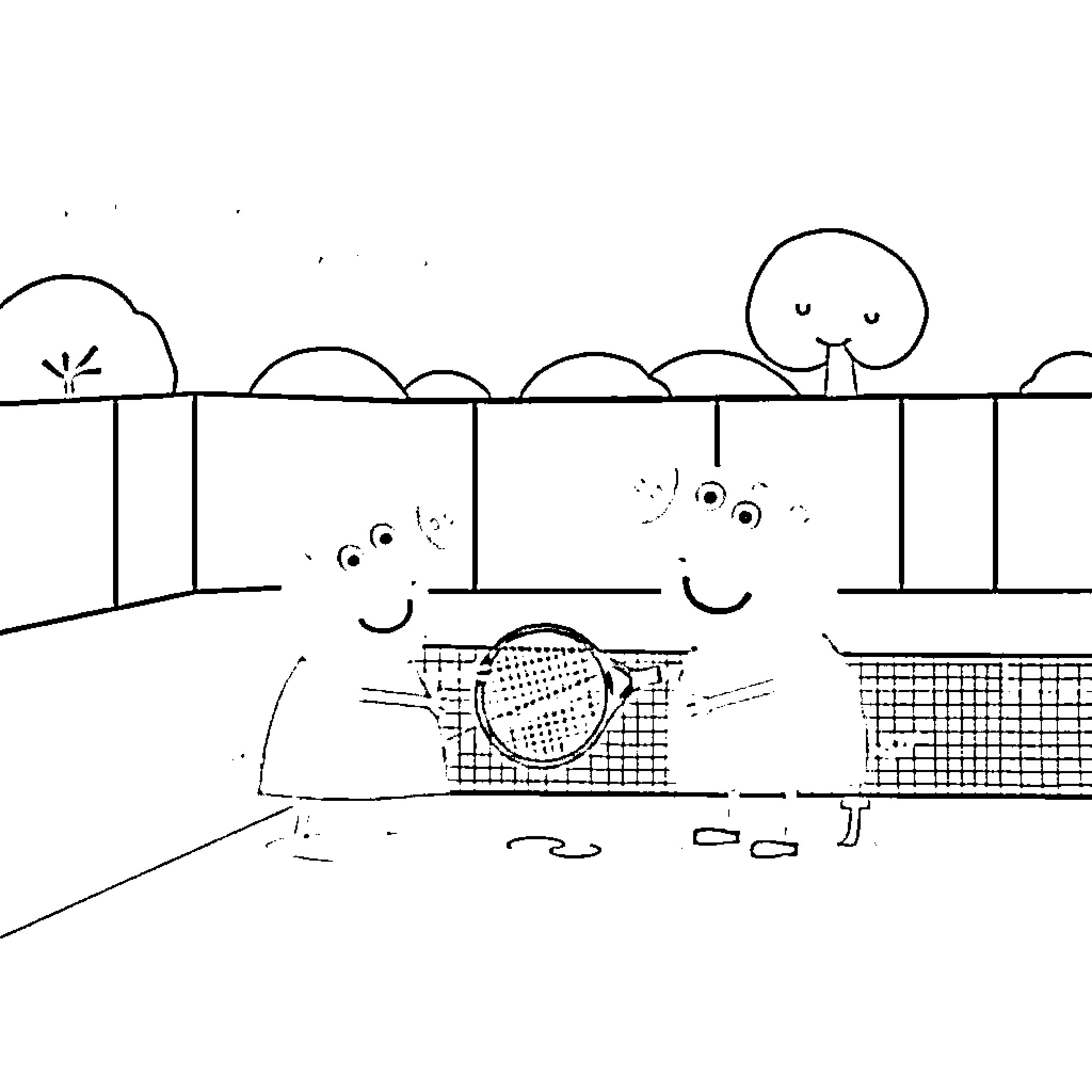 Peppa Pig characters playing tennis on the court Coloring Page (free black-and-white line drawing printable PDF for all, from beginners to advanced learners, including children, teens, adults, and seniors)