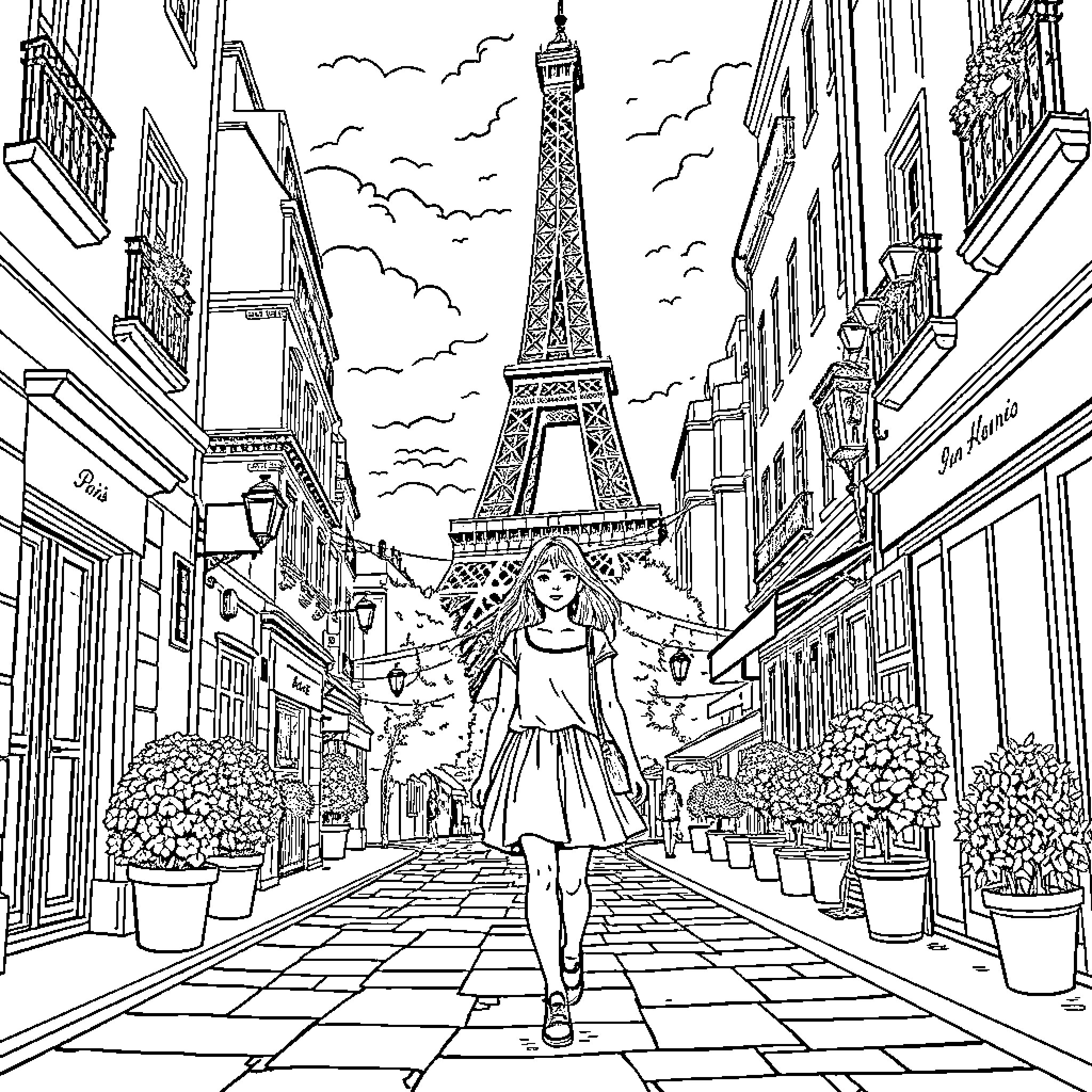 Girl exploring the streets of Paris near the Eiffel Tower Coloring Page (free black-and-white line drawing printable PDF for all, from beginners to advanced learners, including children, teens, adults, and seniors)