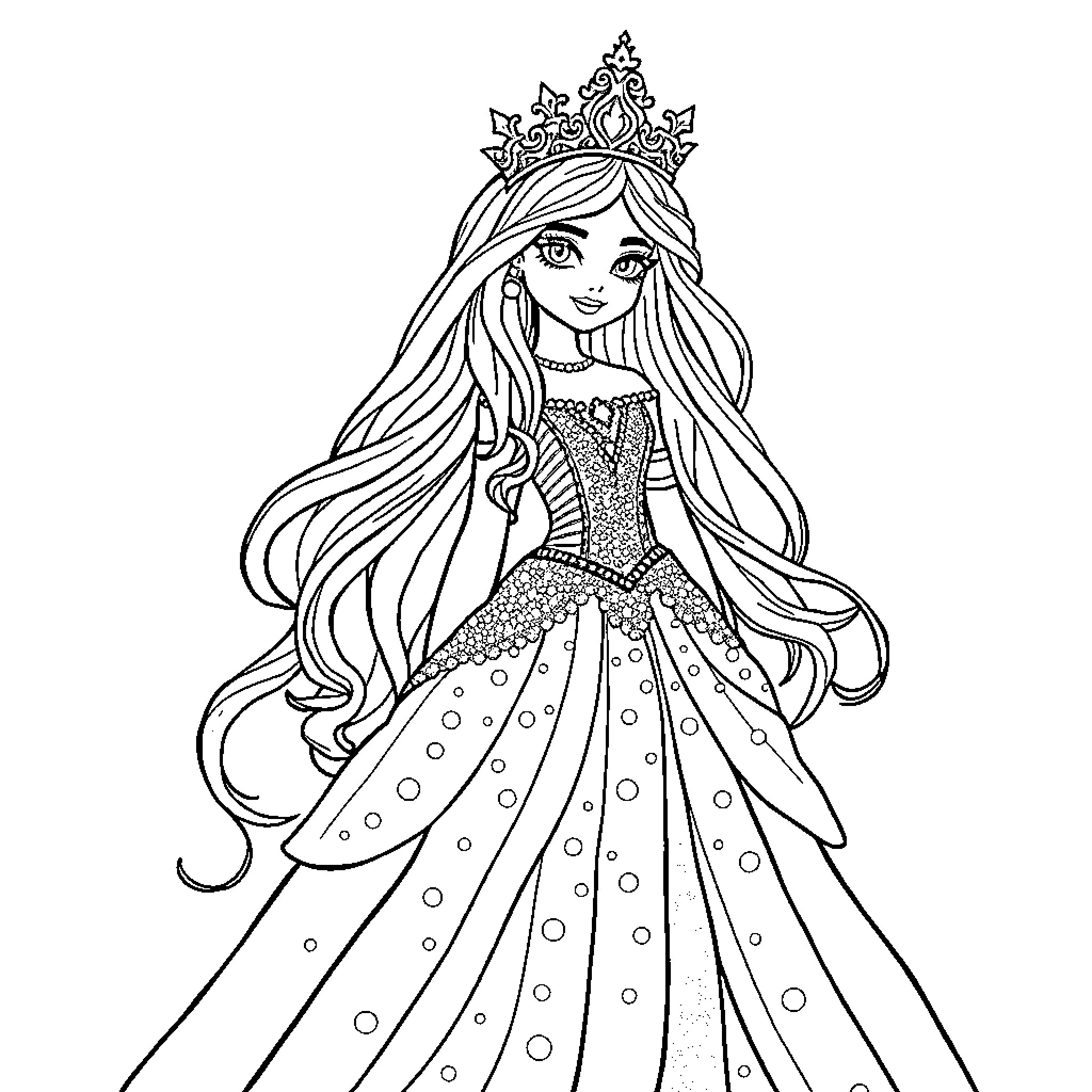 Princess in Elegant Gown and Crown Coloring Page (free black-and-white line drawing printable PDF for all, from beginners to advanced learners, including children, teens, adults, and seniors)