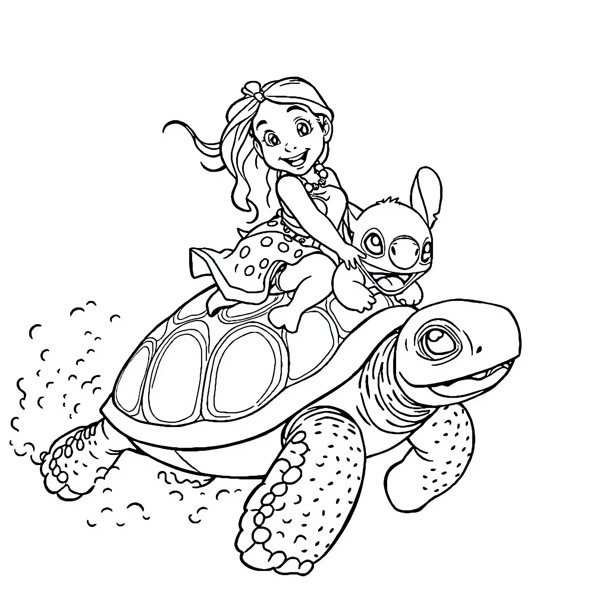 Lilo riding a friendly sea turtle Coloring Page (free black-and-white line drawing printable PDF for all, from beginners to advanced learners, including children, teens, adults, and seniors)