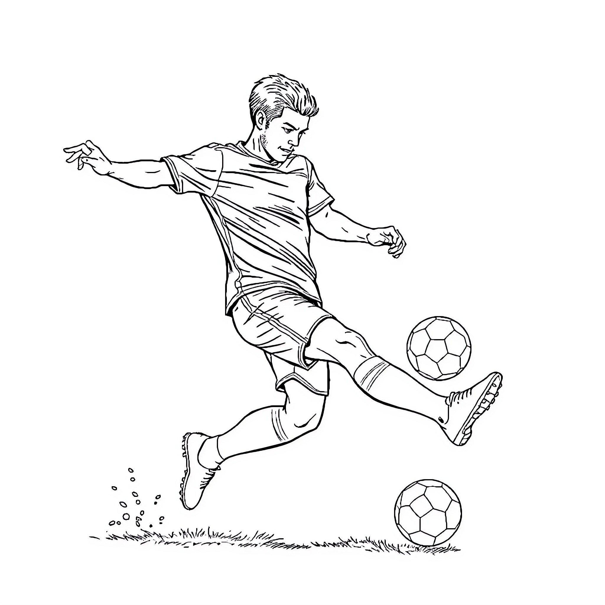 Football Player kicking ball during match Coloring Page (free black-and-white line drawing printable PDF for all, from beginners to advanced learners, including children, teens, adults, and seniors)