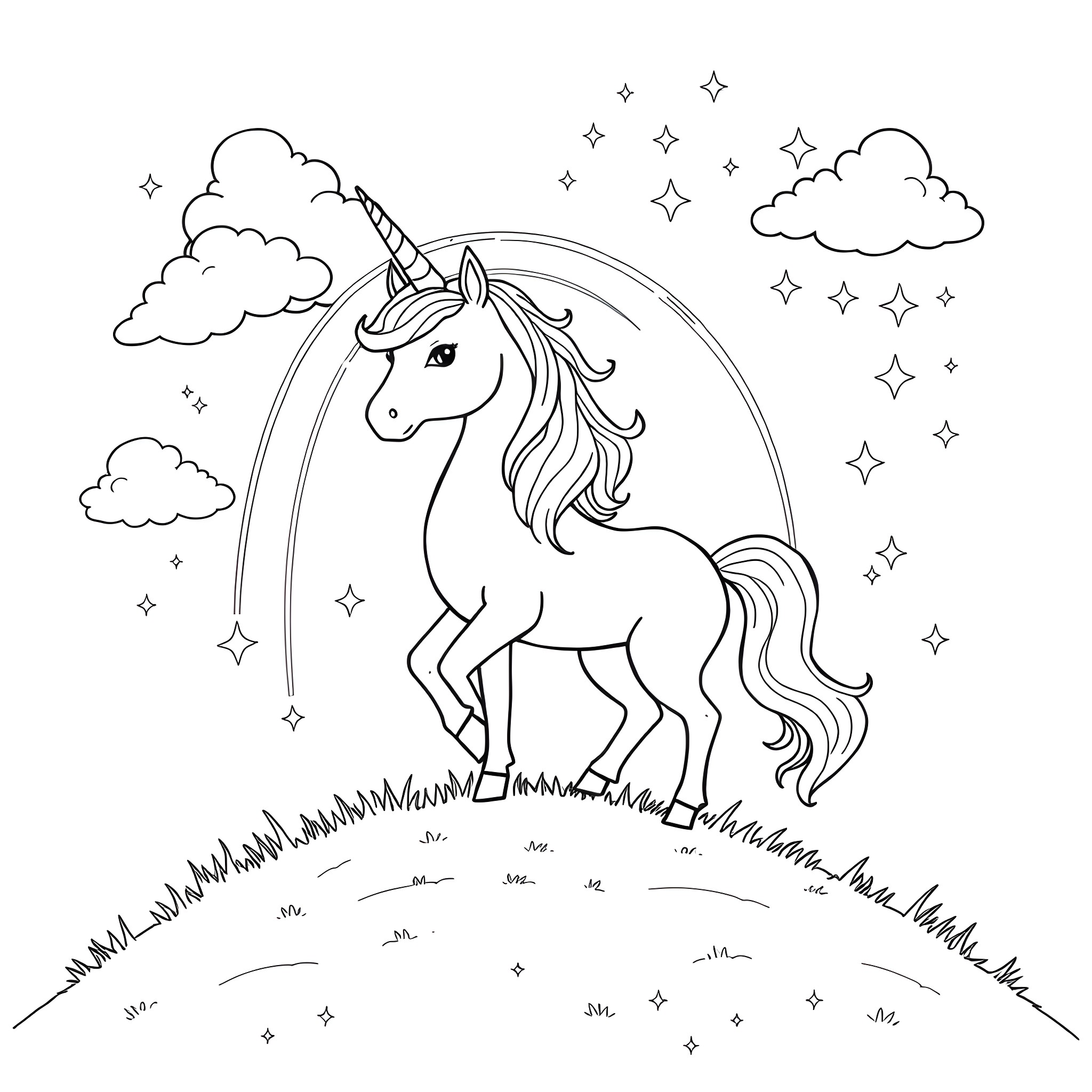 Unicorn standing in a starry night field Coloring Page (free black-and-white line drawing printable PDF for all, from beginners to advanced learners, including children, teens, adults, and seniors)